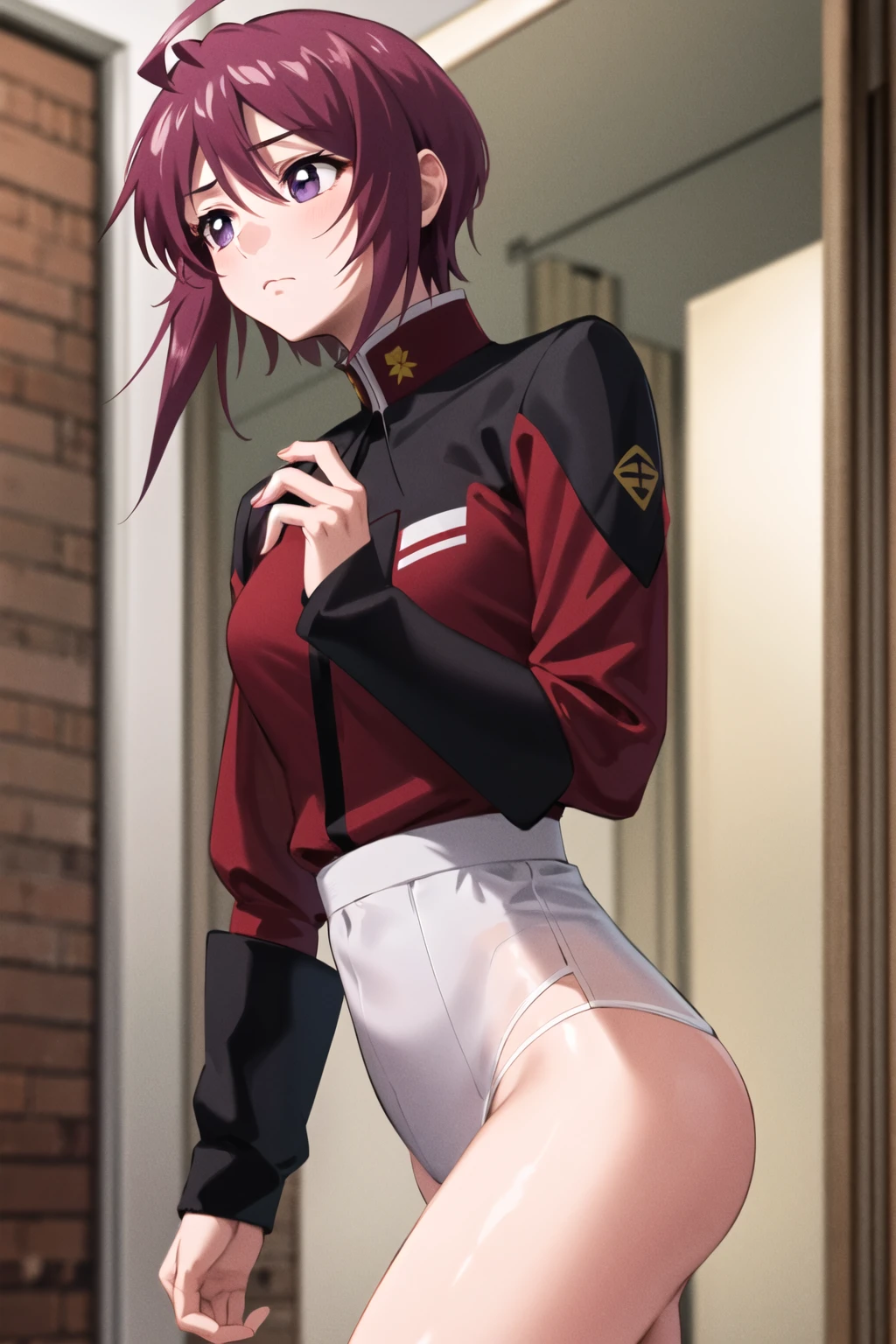 (Highest quality:1.1), (masterpiece:1.4), (Absurd:1.0),
One Girl、1girl, 独奏, short hair, ahoge, red hair, purple eyes, purple hair, pink skirt, military uniform中くらいの胸、Looking at the audience、Bedroom、(blush:1.2)、Embarrassed expression、((pantyhose))、sit、(Pull up your skirt)、(Black Panties)、(Butt)
