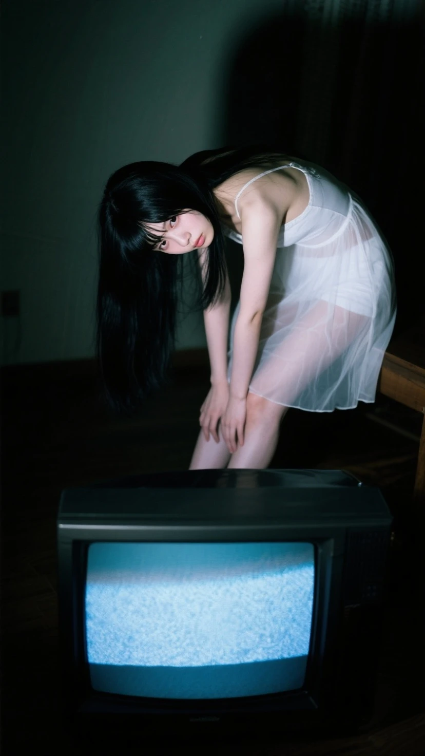 (masterpiece:1.2, Best Quality:1.2), 32K HDR, High resolution, Solo, 1girl in, (Ultra-realistic portrait of Sadako Yamamura, the ring_Japan horror movies), ((Black hair, Long hair, hair over eyes, Long bangs)), (Red dress:1.3, pale skin, Perfect slim body:1.1), just standing, medium breasts, Detailed skin texture, Detailed face, ((Dark atmosphere:1.2, Dark living room:1.2, in the abandoned house, in Japan)),