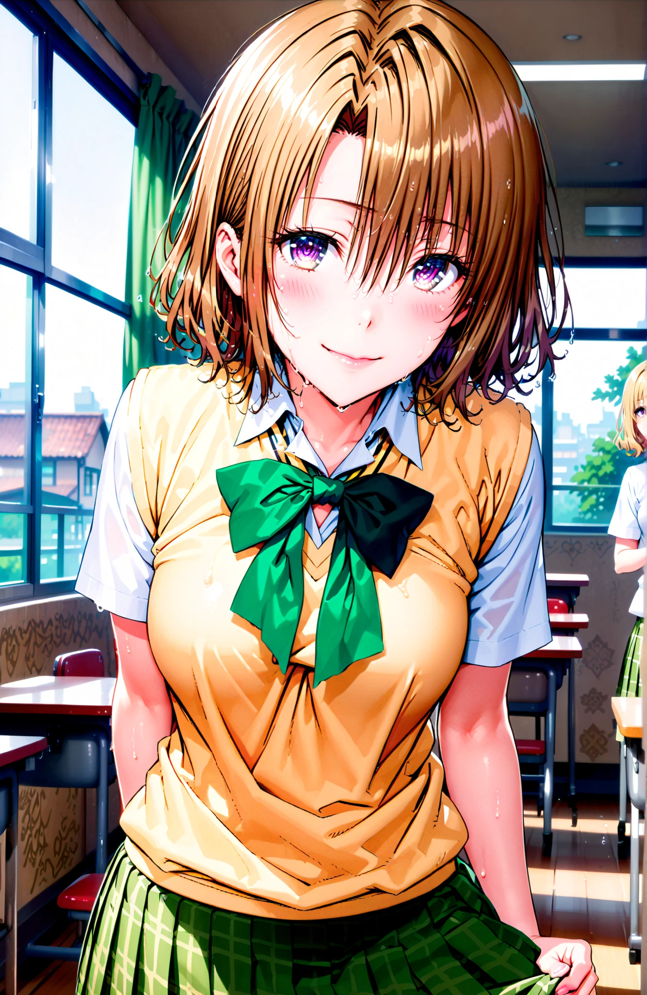 score_9, score_8_up, score_7_up, source_anime,Risa Momioka, short hair,Blonde Hair, wavy hair with a graceful expression, Split Bangs, PURPLE EYES,
green skirt for ears, plaid, plaid skirt for ears, sainan high uniform, uniform, skirt for ears, black, Short sleeve, bow, green bow,skirt for ears lift,wet,see through,blackブラジャー,black紐パンティ,standing,smile,blush,mouth,narrows her eyes,curtains,window,blackboard,machine,chairs, Beautiful Streetscapes,full bodyがイラストに入るように,in their 40s looking at viewer,full body,
in their 40s indoors,Classroom,
in their 40s (masterpiece:1.2), best quality, high resolution, Unity 8Kの壁紙, ( illustration :0.8), (beautiful detailed eyes:1.6), very detailed face, perfect lighting, very detailed CG, (perfect hand in h, perfect anatomy),