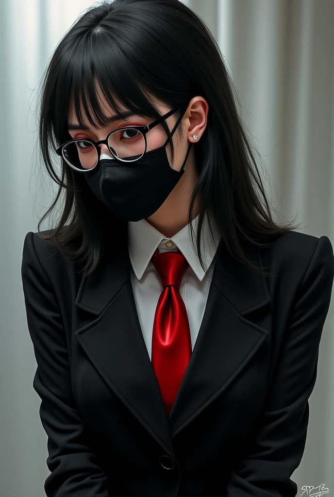 masterpiece, high-detail, the most erotic school girl in the world, (UHD, 8K wallpaper, High resolution), Cinematic lighting, physically-based rendering, award-winning, extremely detailed skin, extra detailed face, high detail eyes, black eyeliner under eyes, Carl Zeiss 85 mm F/1.4, by Ellen von Unwerth, asian, covid mask, age 26, (((long dark red hair))), (medium boobs), camel toe, legs open, stockings, covid mask, (pvc covid mask), short pleated skirt, legs open, ( panties slightly visible under pleated skirt ), blouse, pvc neck tie, ( spiked leather collar ), (( Holding cane )), eyeliner, ( black eyeliner under eyes ), legs open, ( abandoned empty classroom ), fishnet stockings, garter, thigh high boots, nsfw, panties visible, ( BDSM ), ( pvc rubber school girl outfit ), ( pvc rubber school girl blazer ), ( ( rubber gas mask ) ), ( ( ( red rubber neck tie ) ) ) ( red rubber neck tie ), biohazard symbol, (( red eye shadow )), ( red eye makeup ), ((( school blouse open ))), (( school shirt open )), (( pvc rubber corset )), ((( twin ponytail hairstyle ))), (( twin pigtails hairstyle ))