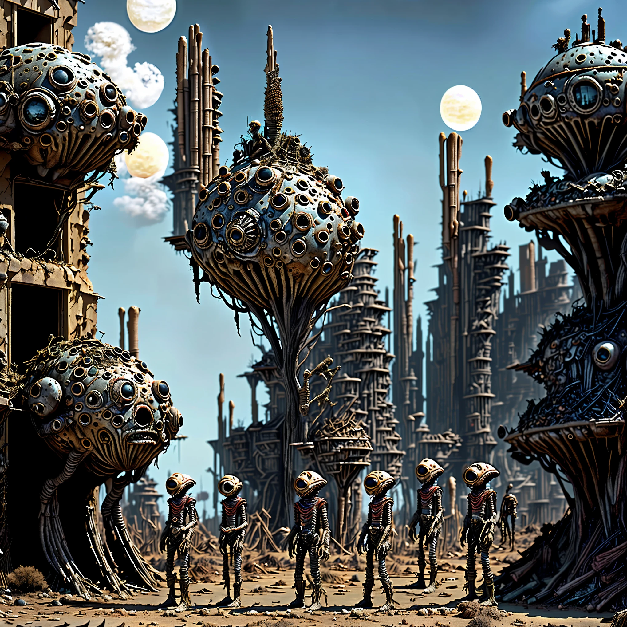 detailed post-apocalyptic landscape, excessively bright sun, strange mutated humanoid creatures, survivors trying to live, dystopian atmosphere, ruins, highly detailed, 8K, photorealistic, unreal engine,cinematic lighting, dramatic shadows, gritty, muted colors, desolate, crumbling buildings, post-nuclear, radioactive haze, overgrown nature, abandoned vehicles, scavenging, worn and weathered, post-apocalyptic survival, mutant humanoids, gaunt features, piercing eyes, tattered clothing, dystopian society, bleak future