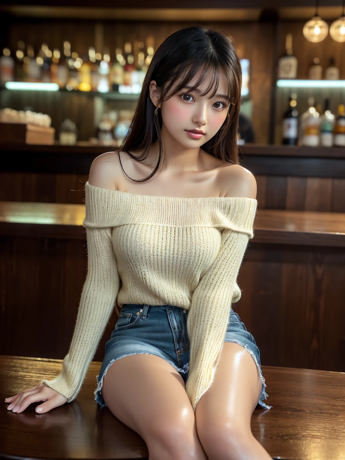 <lora:betterCuteAsian03:0.3> is posing for a photo in a sexy pose, (oversized_sweater:1.3), yellow oversized_sweater,
good hand,4k, high-res, masterpiece, best quality, head:1.3,((Hasselblad photography)), sharp focus, (cinematic lighting), night, soft lighting, dynamic angle, [:(detailed face:1.2):0.2],(((standing in a bar))), outside,   <lora:oversized_sweater:0.5>