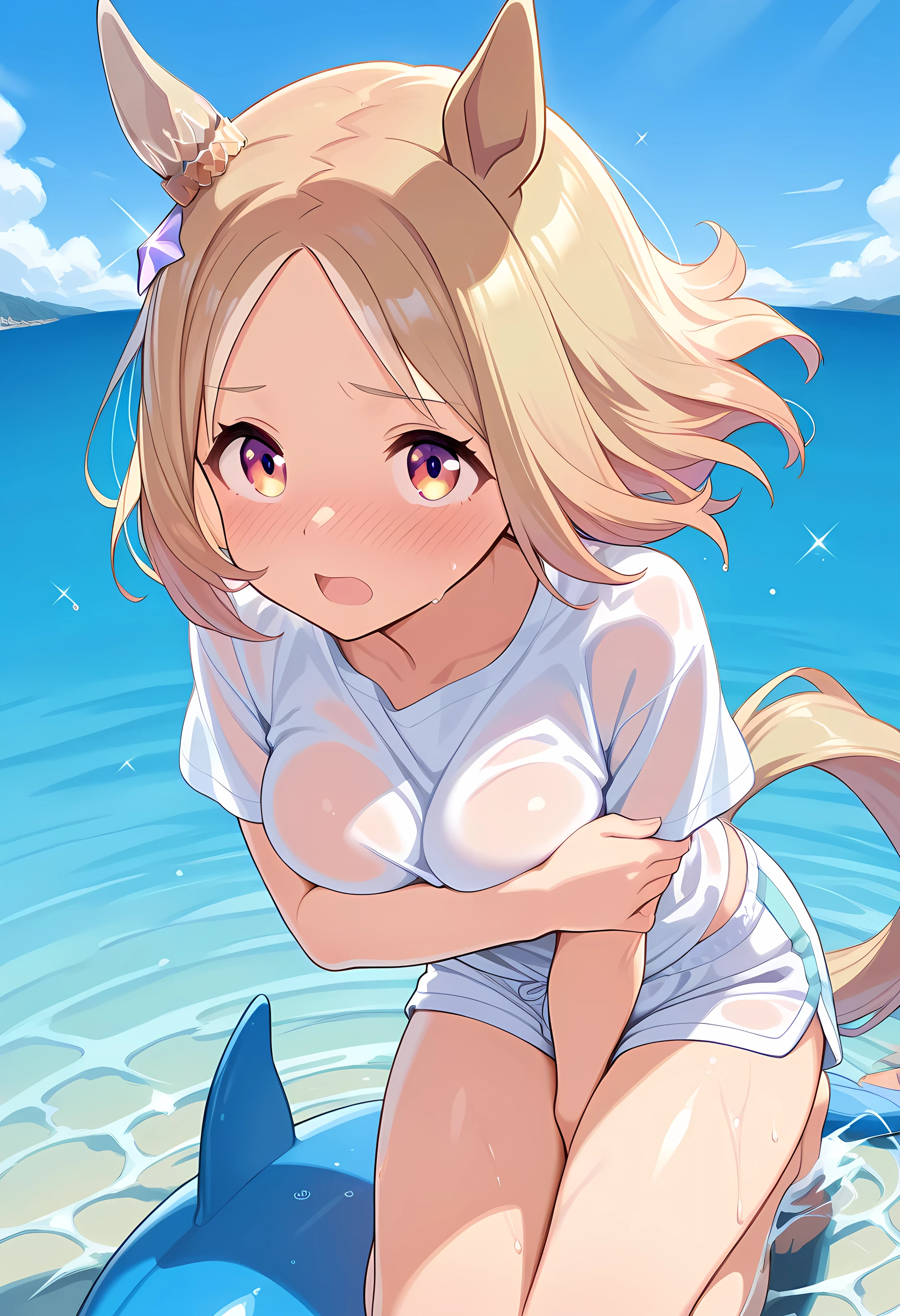 narita top road \(umamusume\),(((masterpiece))),(((detailed)))((best quality)),((hyper detailed)),(beautiful),((shinythighs)),(((shiny skin))),(high quality skin),((8k)),((high resolution)),flustered and embarrassed,nose blush.upturned eyes,wavy mouth,very wet,floating hair,kneeling on water,leaning forward,white color shirt and wet shirt,see-through shirt,no bra,covering breasts,white color mini dolphin shorts,wet shorts and see-through shorts,no panties,covering crotch,shallow water,reflective water,ocean,blue sky,glint,day,morning light, bright light, , direct light, light sparkles, god ray,((from front)),((high angle)),close-up,cowboy shot,looking at viewer and looking ahead,anime girl,solo