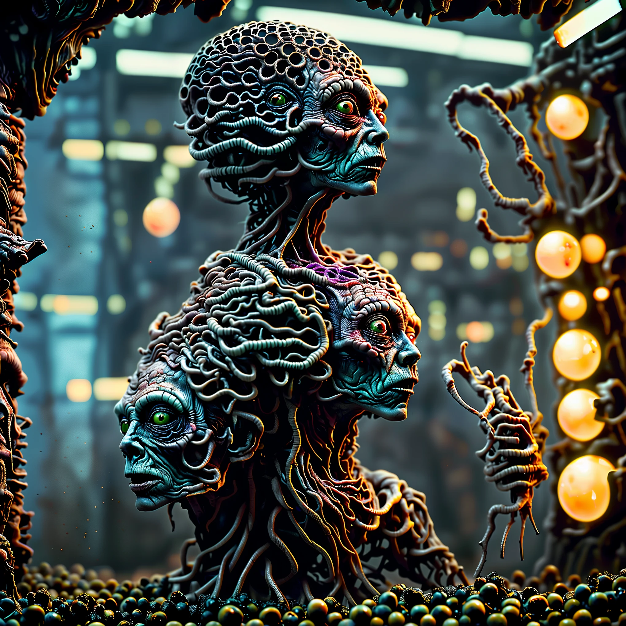Change this image through the bizarre checkpoint and additional loras. A hyperrealistic digital painting of twisted, organic humanoids, faces grow wherever and on whoever they can, organic creatures search for food and blood, highly detailed, complex anatomy, mutated bodies and faces,deep set detailed eyes, lurking around, grotesque, unsettling, sinister, visceral, chiaroscuro lighting, macabre, moody, 8k, ultra-detailed, photorealistic, unnerving,disturbing,gruesome,macabre,nightmarish,horror,dark fantasy,dark art,surreal,twisted, cinematography, cinematic photography, full focus, highest quality, professional movie quality images.
