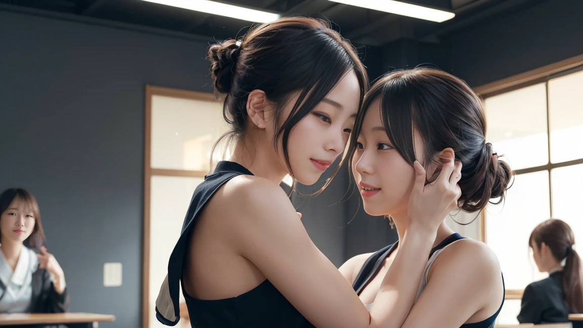 Best-quality, Masterpiece, Ultra-High-Resolution, (Photorealistic:1.4), Raw-Photo, 2-lesbian-couples, the most popular Japanese-idols, all having a lot of fun at lesbian orgy, all extremely cute and each different faces, all extremely beautiful eyes, all extremely beautiful hair, all extremely beautiful body, upturned ass
