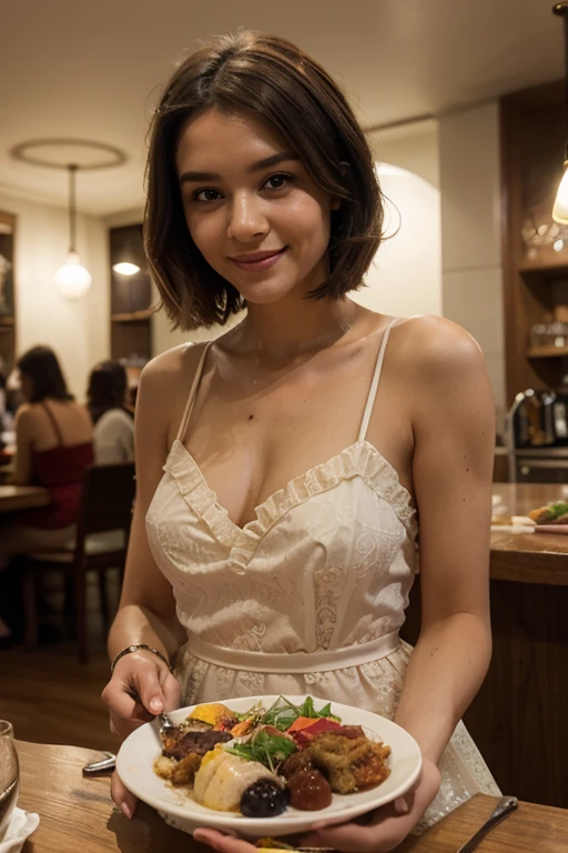 photorealistic, Best Quality, hyper detailed, realistic eyes, do not show hands in the image, detailed lips, 8k, Hyperrealist, beautiful woman with natural short dark red hair, blue eyes, freckles, medium tan skin, sitting in a luxury restaurant, people sitting behind her, The people behind can only see her back in a black dress., Selfie photo while looking at your food., Upper part of the body, Alone, wearing a high class dress, wearing luxury clothes, inside, (tomorrow), looking at the food, looking at pasta on his plate, (relaxed), skin texture with perky breasts visible under clothing, Film grain, close up, ultra high resolution, best shadow, RAW, LUT by Instagram, black cap, No NSFW, wearing a dress, Hands not visible, the dish is pasta, People in the background