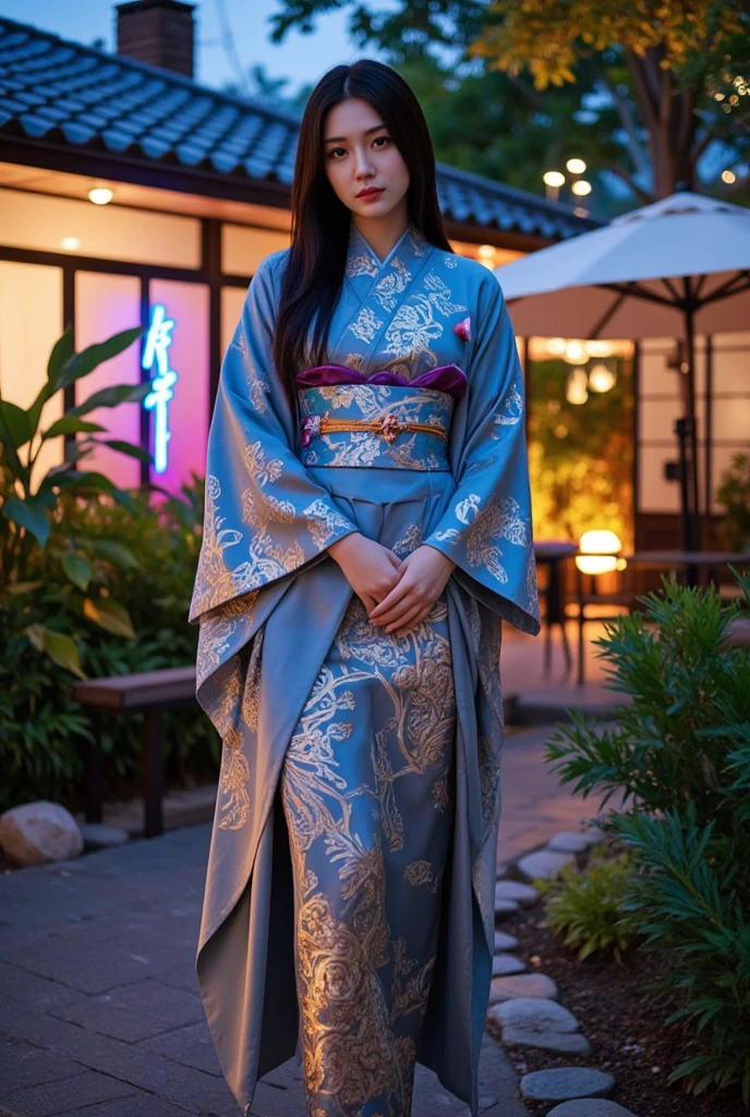 A stunning Japanese woman in a futuristic garden setting, wearing a high-tech matte kimono with intricate patterns and neon accents, stands confidently. The garden is lush with cyberpunk elements, such as glowing flora and holographic ornaments. Her kimono blends traditional Japanese design with sci-fi influences, featuring metallic textures and illuminated details. The scene is illuminated by ambient lights and futuristic garden features, creating a visually striking contrast with the natural and technological elements. The atmosphere is elegant and immersive, highlighting the harmonious fusion of tradition and advanced technology.
