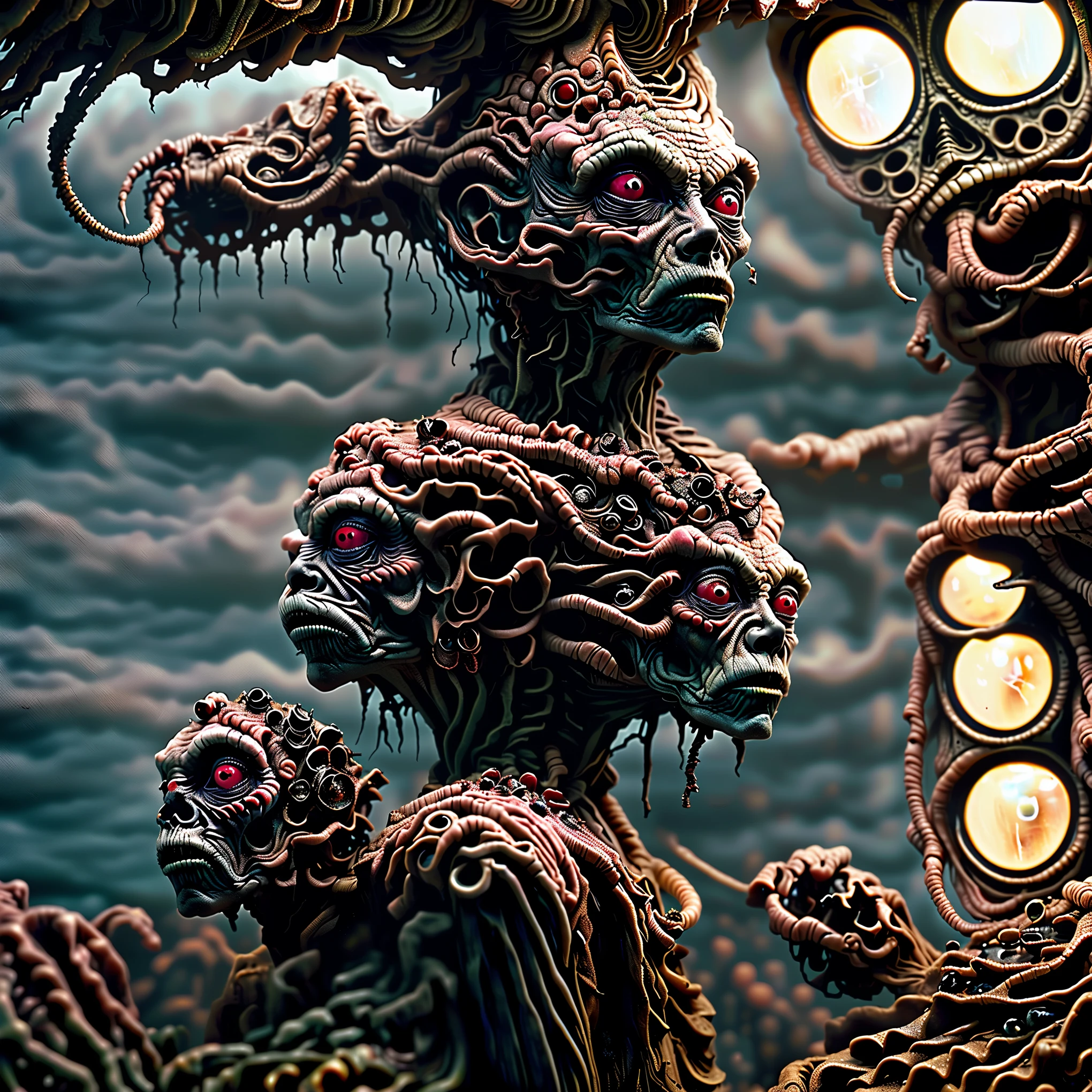 Change this image through the bizarre checkpoint and additional loras. A hyperrealistic digital painting of twisted, organic humanoids, faces grow wherever and on whoever they can, organic creatures search for food and blood, highly detailed, complex anatomy, mutated bodies and faces,deep set detailed eyes, lurking around, grotesque, unsettling, sinister, visceral, chiaroscuro lighting, macabre, moody, 8k, ultra-detailed, photorealistic, unnerving,disturbing,gruesome,macabre,nightmarish,horror,dark fantasy,dark art,surreal,twisted, cinematography, cinematic photography, full focus, highest quality, professional movie quality images.