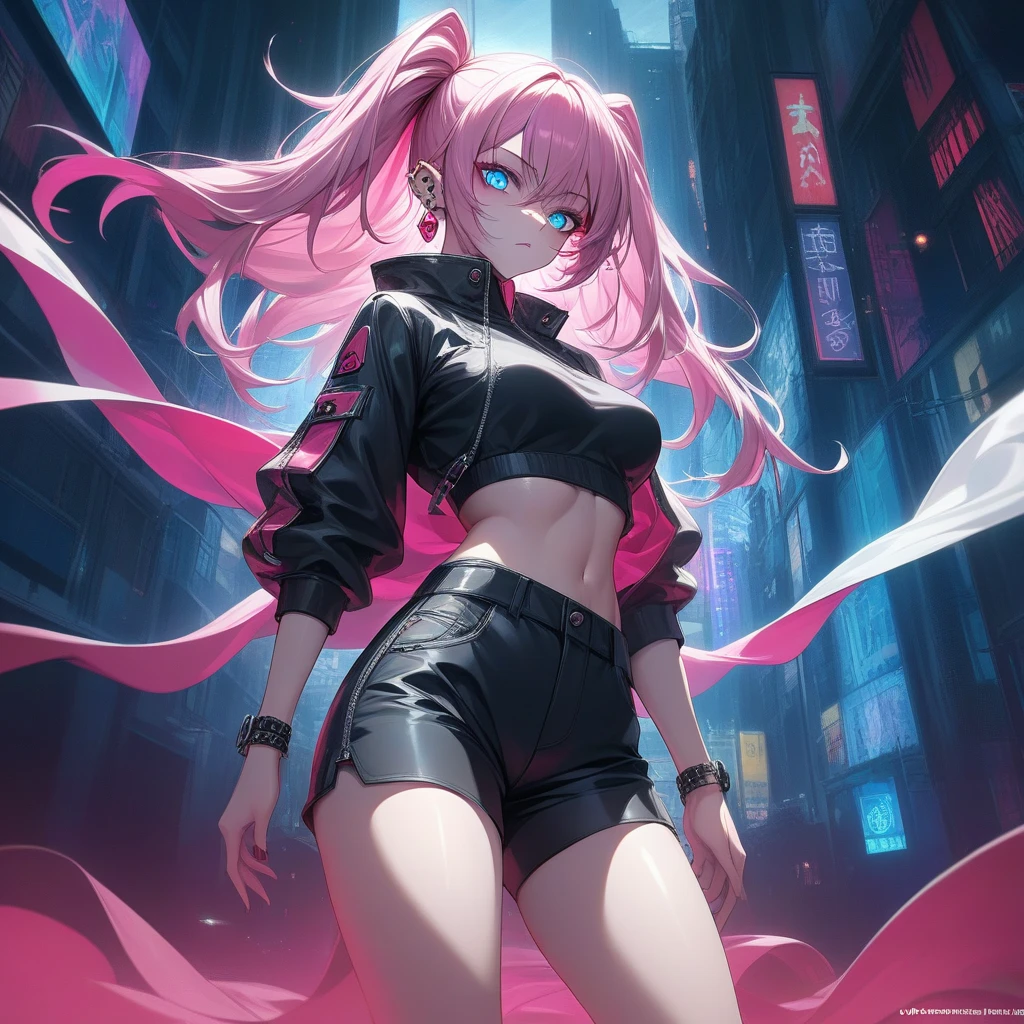 (master piece, best quality, 1 girl, alone, intricate details, chromatic aberration), realistic, yellow eyes, Twintails hair, long hair, pink hair, medium breast, medium ass, smile, Happy, Bobby pins, Choker, ultra detailed, 8K wallpaper, reflection light, Ray tracing, realistic BREAK, Choker, cleavage, cleavage cutout, turtleneck crop top, ripped leg outfit, hands in pockets, yoga pants, against the wall, wall bricks, graffiti, dim lighting, alley