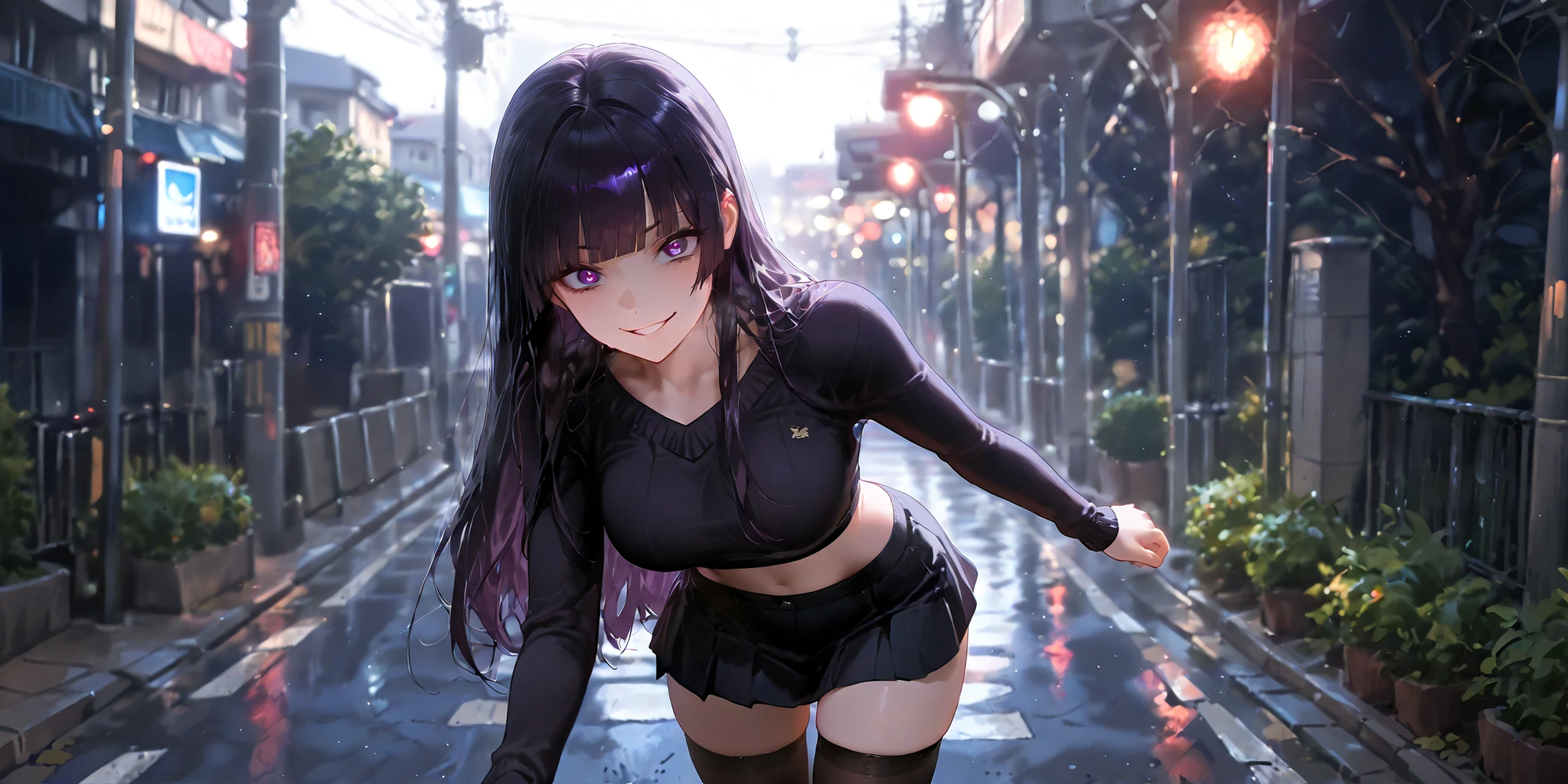 masterpiece, best quality, very aesthetic, absurdres, safe, (masterpiece), best quality, expressive eyes, perfect face, girl in love, dark purple eyes, yandere, smirk, crazy eyes, eyes wide open, blunt bangs, dark black long hair, straight hair, solo, miniskirt black, sweater black, black stockings, sexy legs thick, cropped tank top, PARK WALKING, CGI BACKGROUND, HYPERDETAILED, PERFECT