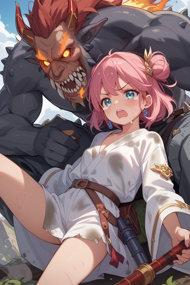 Masterpiece, ghostriding, a ghost is riding a girl, (all four), 1 girl, Medium bust, (armor:1.1), (Nose hook), ghost, rein, shirt collar, be happy trance, obey, slave, be happy, Ahegao, spoiled, Hisako Arato, pink hair, short hair, brown eyes