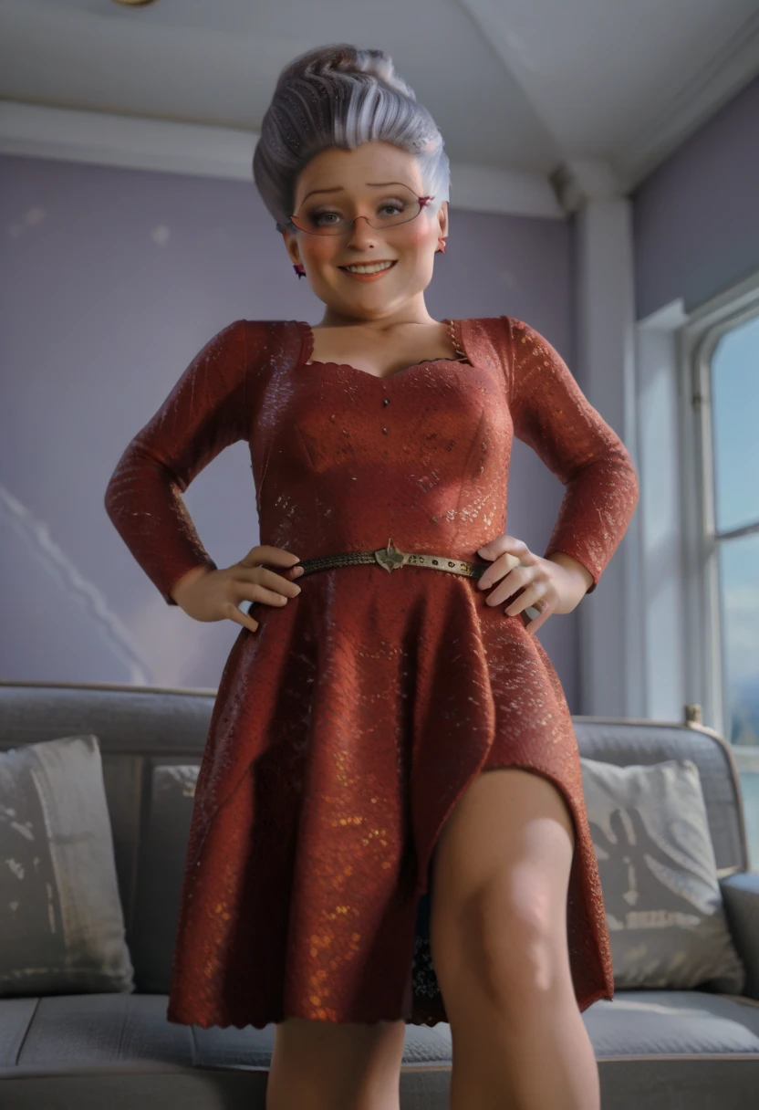 score_9, score_8_up, score_7_up, 1girl, solo, swirl hair, gray hair, gray eyes, glasses, star earrings, red dress, belt, cleavage, smile, 3d, beauty mark, by sofa, seductive smile, aroused, hand on hip, hand on leg, standing, from below, lace black thong, lace black bra, shy, blush, cameltoe,