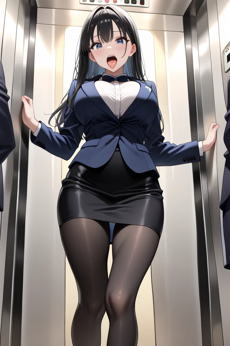 20 year old woman, busty, bubble butt, hourglass figure, skinny, blushing, frustrated expression, horny, confused, long hair, black hair, wavy hair, wearing white shirt, black pencil skirt, red tie, loose tie, cleavage, tight fitting clothing, anime, flat colors, in an office, office attire, disheveled, messy, disheveled clothing, messy clothes