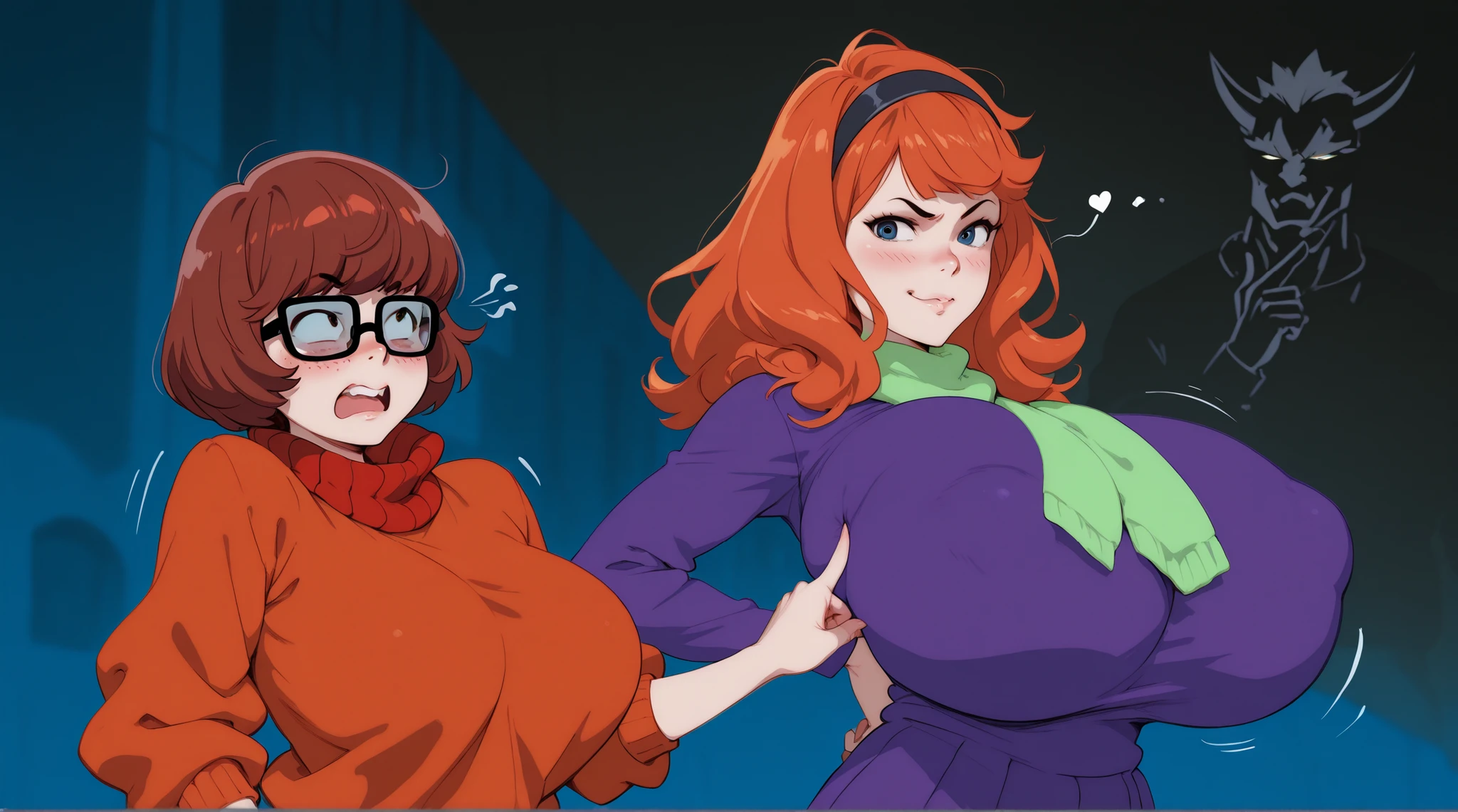 velma and daphne walking side by side with giant massive breasts, hard nips, jealous glare, velma is poking daphes huge breast with one finger