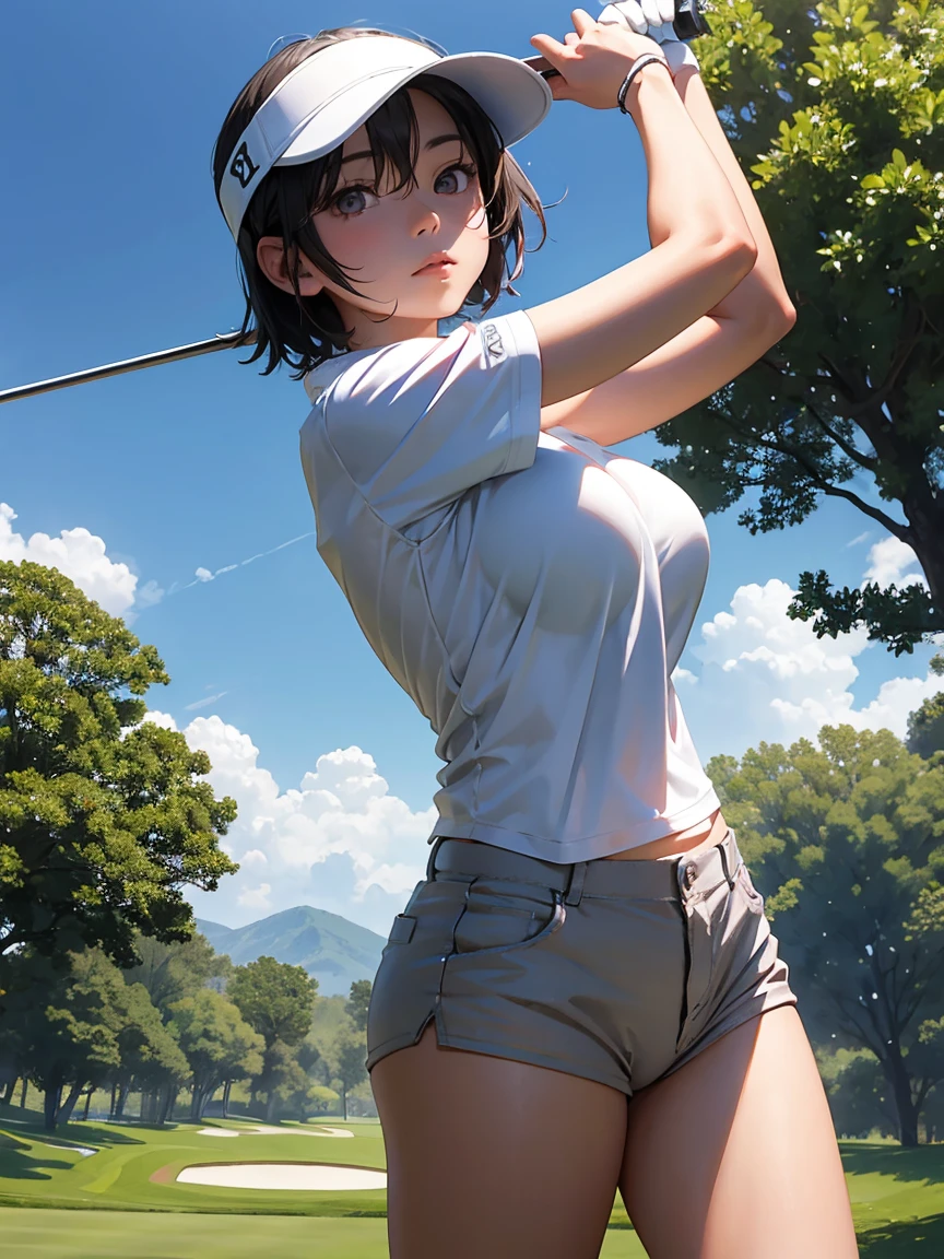 high quality,HD,16k,sharp lines,1 girl,Female golf athlete ,cute face, large breasts, nice legs,At the golf venue,focus girl,detailed beautiful face,detailed clothes,beautiful eyes,cool,dynamic angle