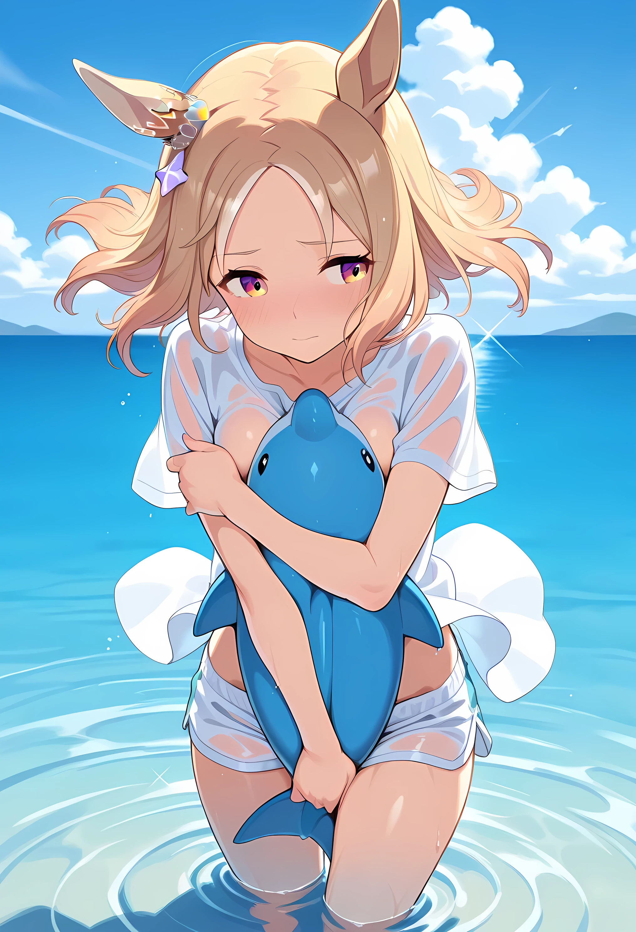 narita top road \(umamusume\),(((masterpiece))),(((detailed)))((best quality)),((hyper detailed)),(beautiful),((shinythighs)),(((shiny skin))),(high quality skin),((8k)),((high resolution)),anguish and embarrassed,nose blush,head down,close mouth,very wet,floating hair,standing on water,leaning forward,white color shirt and wet shirt,see-through shirt,no bra,covering breasts,white color mini dolphin shorts,wet shorts and see-through shorts,no panties,covering crotch,shallow water,reflective water,ocean,blue sky,glint,day,morning light, bright light, , direct light, light sparkles, god ray,((from front)),((eye level shot)),close-up,cowboy shot, looking away,anime girl,solo