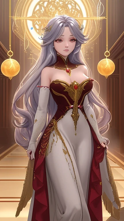 (best quality, ultra detailed), artwork, high resolution, (exquisite body), (milky skin), 4k, character design, Generate with SFW, The character is a young 22 year old woman, she has pale skin, perfect body with medium breasts, matchless beauty, (((has long white hair with bangs))), big and detailed eyes, perfect eyes, ((((she has heterochromia in her eyes)))), (((right eye purple and left eye blue))), (((the character has long, pointy ears))), ((((richly embroidered silk dress in deep burgundy, with high-waisted bodice, puffed sleeves and floor-length skirt))))((Modest)), She wears a long white woolen cape covering her shoulders and with a white fur collar, she wears long white satin gloves, she also wears a black choker adorned with gold and ruby, the character is standing and facing the viewer, she has a seductive and confident expression, a beautiful and delicate face, realistic anime style, Character image for RPG, in an icy forest, winter landscape, misty atmosphere