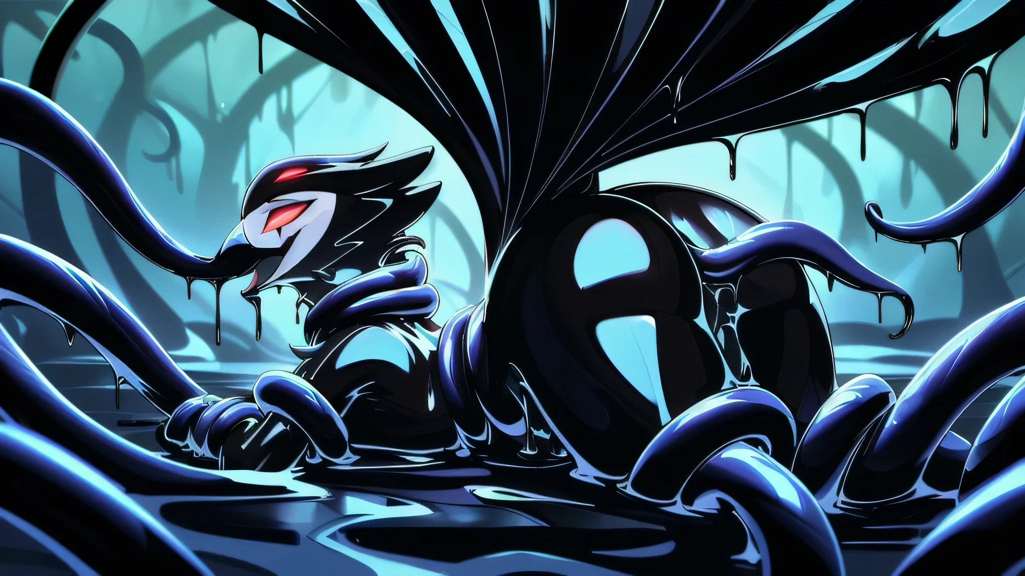 Tanraak (style), ((masterpiece)), ((8k quality)), (no watermark), stolas, male, sleek, shiny black slime body, long tail feathers, shiny, slick, goo, gooey, wide hips, black goo, dripping goo, black body, bs, avain tail, avian, thighs, butt, melting, detailed bedroom, glistening, chest tufts, undercovert tail feathers, smile, puddle of black slime, black slime everywhere, black slime tentacles, tentacles everywhere, black tentacles touching body, black tentacles entering mouth, open mouth, black tentacles entering butt, NSFW, surrounded by black tentacles, bdsm,bound,restrained,(((too many tentacles, tentacles,bound by tentacles, bound neck by tentacles, close-up, portrait))),midair,