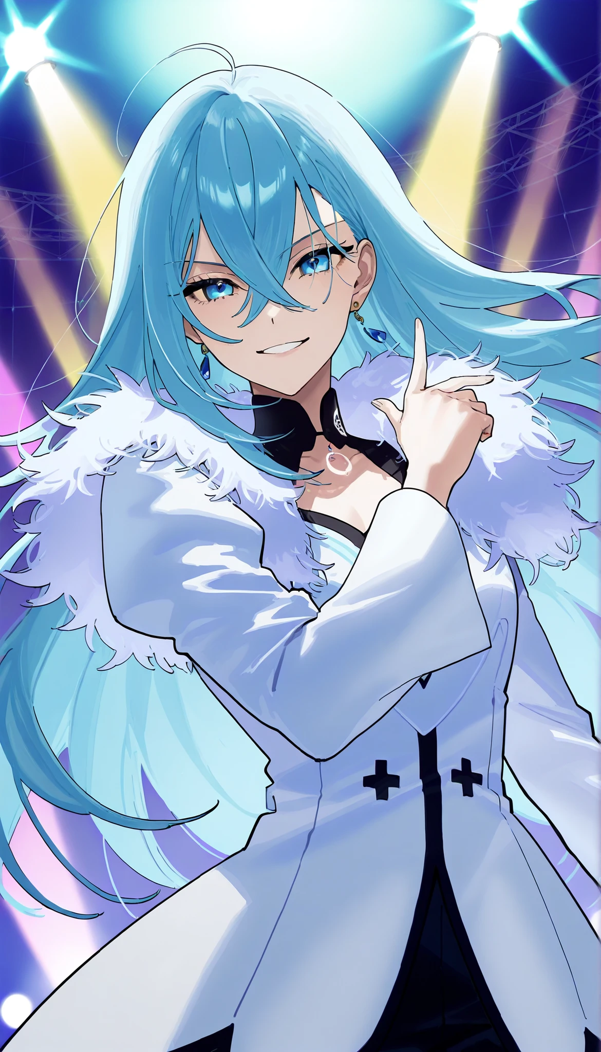 score_9,score_8_up,score_7_up,1girl,solo,vivydiva,serene expression,portrait,white symbol on neck,jewelry,earrings,dynamic angle, idol pose, smile, vivy fluorite eye's song, light blue hair, stage background with light mist and stage lights, cowboy shot