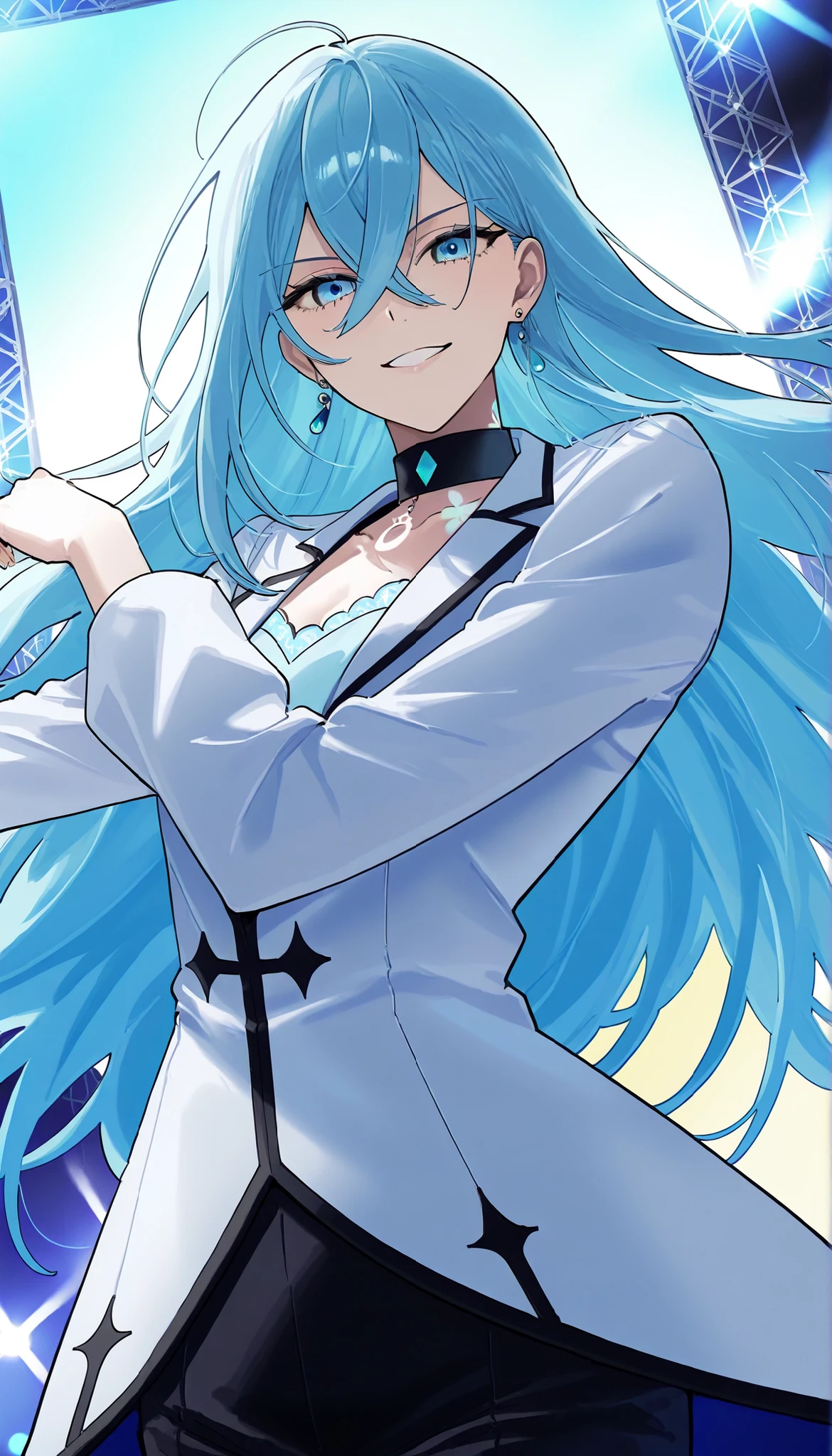 score_9,score_8_up,score_7_up,1girl,solo,vivydiva,serene expression,portrait,white symbol on neck,jewelry,earrings,dynamic angle, idol pose, smile, vivy fluorite eye's song, light blue hair, stage background with light mist and stage lights, cowboy shot