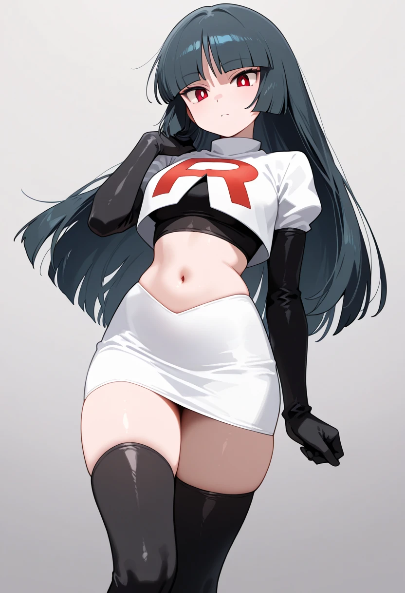 pokemonmarnie, pokemonmarnie, aqua eyes, asymmetrical bangs, asymmetrical hair, black hair, hair ribbon, long hair, red ribbon, ribbon, twintails, (small breasts:1.2),
BREAK earrings, jewelry, team rocket,team rocket uniform, red letter R, white skirt,white crop top,black thigh-highs,black elbow gloves
BREAK looking at viewer,
BREAK (masterpiece:1.2), best quality, high resolution, unity 8k wallpaper, (illustration:0.8), (beautiful detailed eyes:1.6), extremely detailed face, perfect lighting, extremely detailed CG, (perfect hands, perfect anatomy),