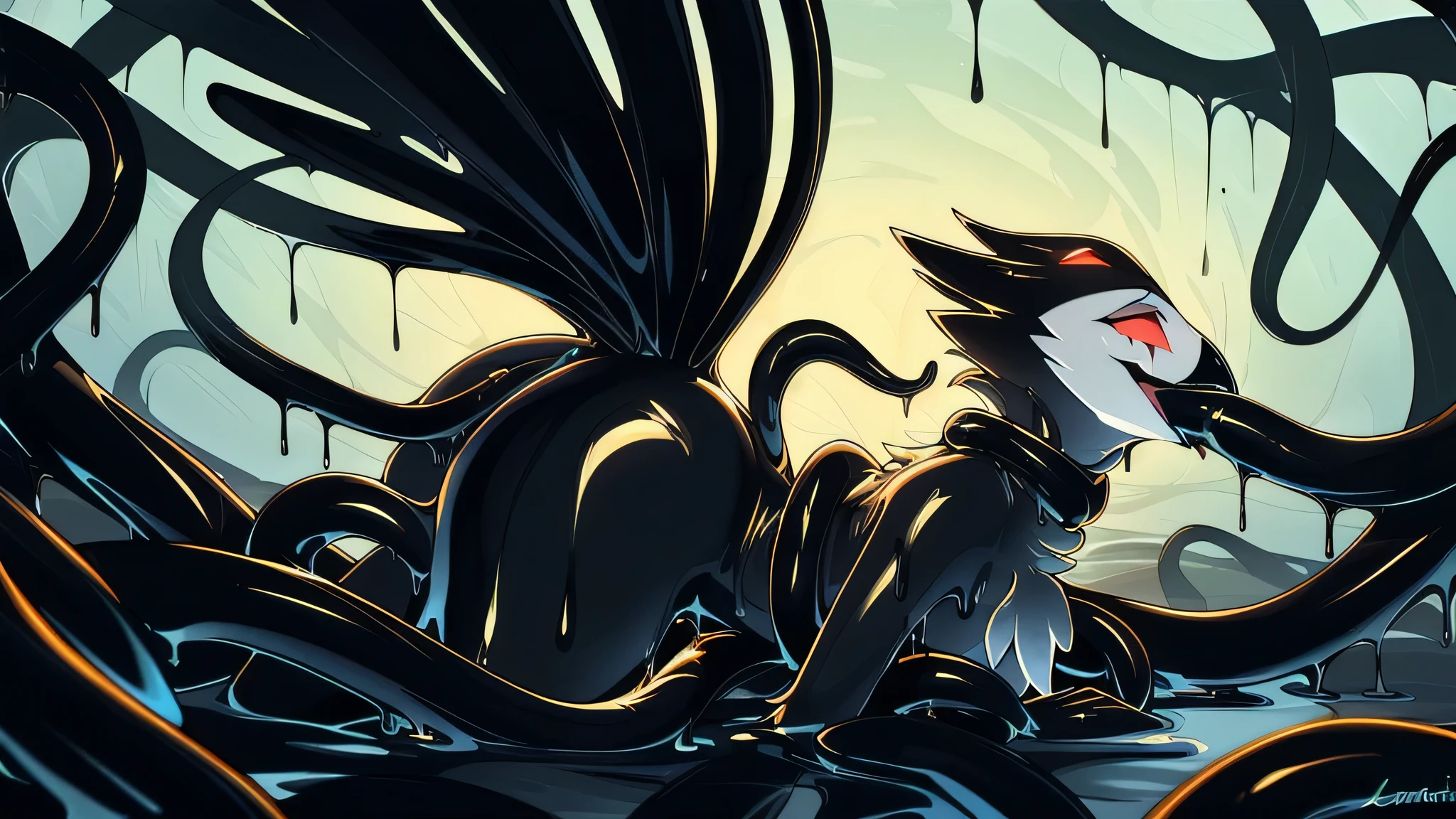 Tanraak (style), ((masterpiece)), ((8k quality)), (no watermark), stolas, male, sleek, shiny black slime body, long tail feathers, shiny, slick, goo, gooey, wide hips, black goo, dripping goo, black body, bs, avain tail, avian, thighs, butt, melting, detailed bedroom, glistening, chest tufts, undercovert tail feathers, smile, puddle of black slime, black slime everywhere, black slime tentacles, tentacles everywhere, black tentacles touching body, multiple black tentacles entering mouth, open mouth, multiple black tentacles entering butt, NSFW, surrounded by black tentacles, bdsm,bound,restrained,(((too many tentacles, tentacles,bound by tentacles, bound neck by tentacles, close-up, portrait))),midair, multiple tentacles in mouth