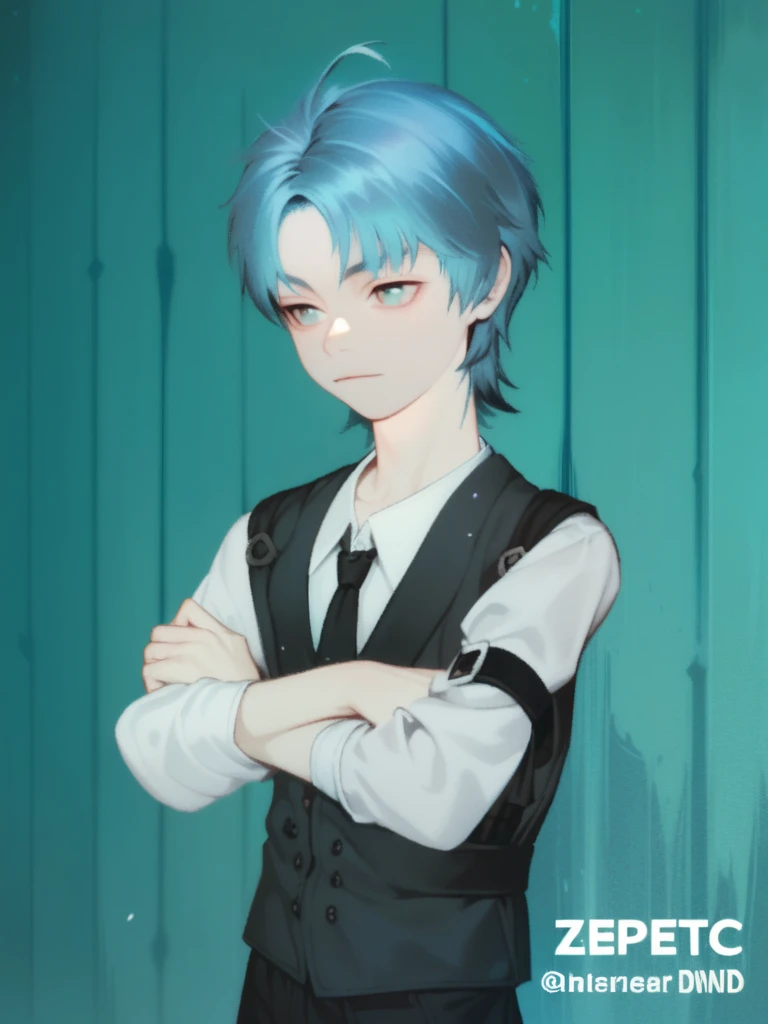 masterpiece, best quality, high quality, 1boy, solo, male focus, looking at viewer, upper body, <lora:shiota_nagisa:0.78>, shiota_nagisa, blue hair, blue eyes, short twintails, school uniform, shirt, necktie, vest