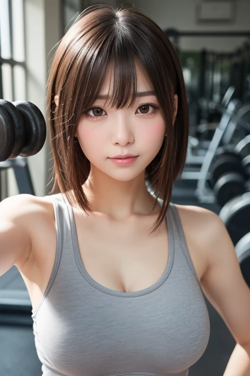 ((Highest quality, 8K, masterpiece: 1.3)), One girl, The beauty of slim abs: 1.3, (Short Bob Cut, Small breasts: 1.2), Grey training wear, Super detailed face, Delicate eyes, double eyelid, smile, At the gym、Sweating profusely、sweating、Sweat-soaked wear、Flowing sweat、Sweat stains、aroused、erect nipples、ahoge、Lifting the barbell with bench presses、Top view