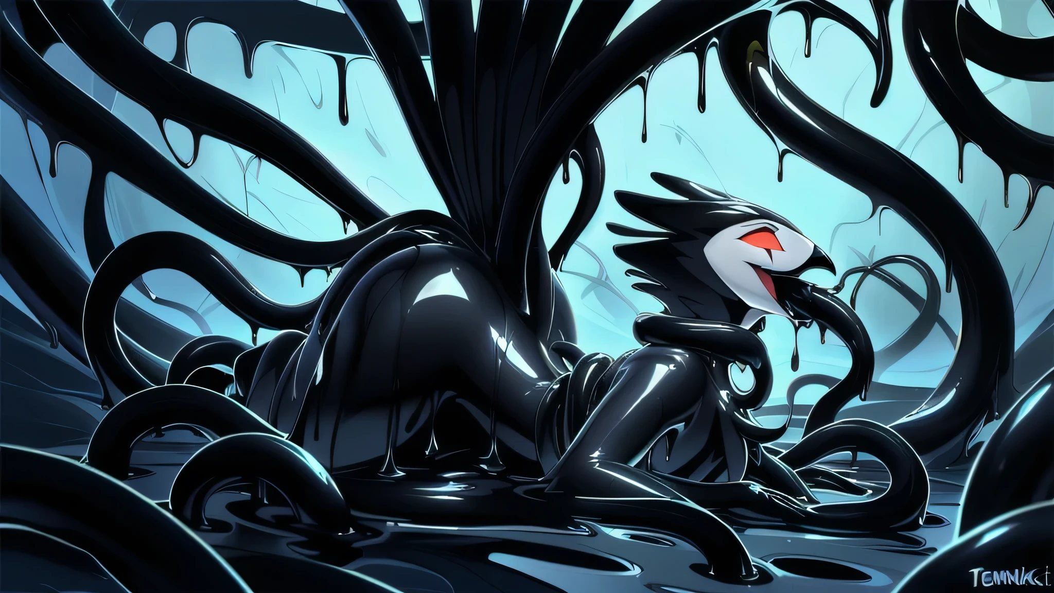 Tanraak (style), ((masterpiece)), ((8k quality)), (no watermark), stolas, male, sleek, shiny black slime body, long tail feathers, shiny, slick, goo, gooey, wide hips, black goo, dripping goo, black body, bs, avain tail, avian, thighs, butt, melting, detailed bedroom, glistening, chest tufts, undercovert tail feathers, smile, puddle of black slime, black slime everywhere, black slime tentacles, tentacles everywhere, black tentacles touching body, multiple black tentacles entering mouth, open mouth, multiple black tentacles entering butt, NSFW, surrounded by black tentacles, bdsm,bound,restrained,(((too many tentacles, tentacles,bound by tentacles, bound neck by tentacles, close-up, portrait))),midair, multiple tentacles in mouth