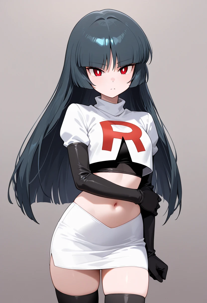SabrinaPKMN, black hair ,glossy lips, earings ,team rocket uniform, red letter R, white skirt,white crop top,black thigh-high boots, black elbow gloves, closed mouth, evil smile, looking down on viewer, sitting down ,legs crossed, night sky background