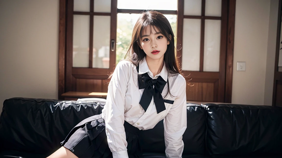 8k RAW photo, High resolution, A cool 21 year old Korean, Big round breasts, , tie, tie ribbon, blazer, skirt, Beautiful eyes in every detail, Long eyelashes, Beautiful double eyelids, eye shadow, Long, narrow eyes, Three white eyes, Heavy eye makeup, Wicked Smile, Beautiful slim legs, Short hair tied back, Earrings, School classroom,((Close-up of face))