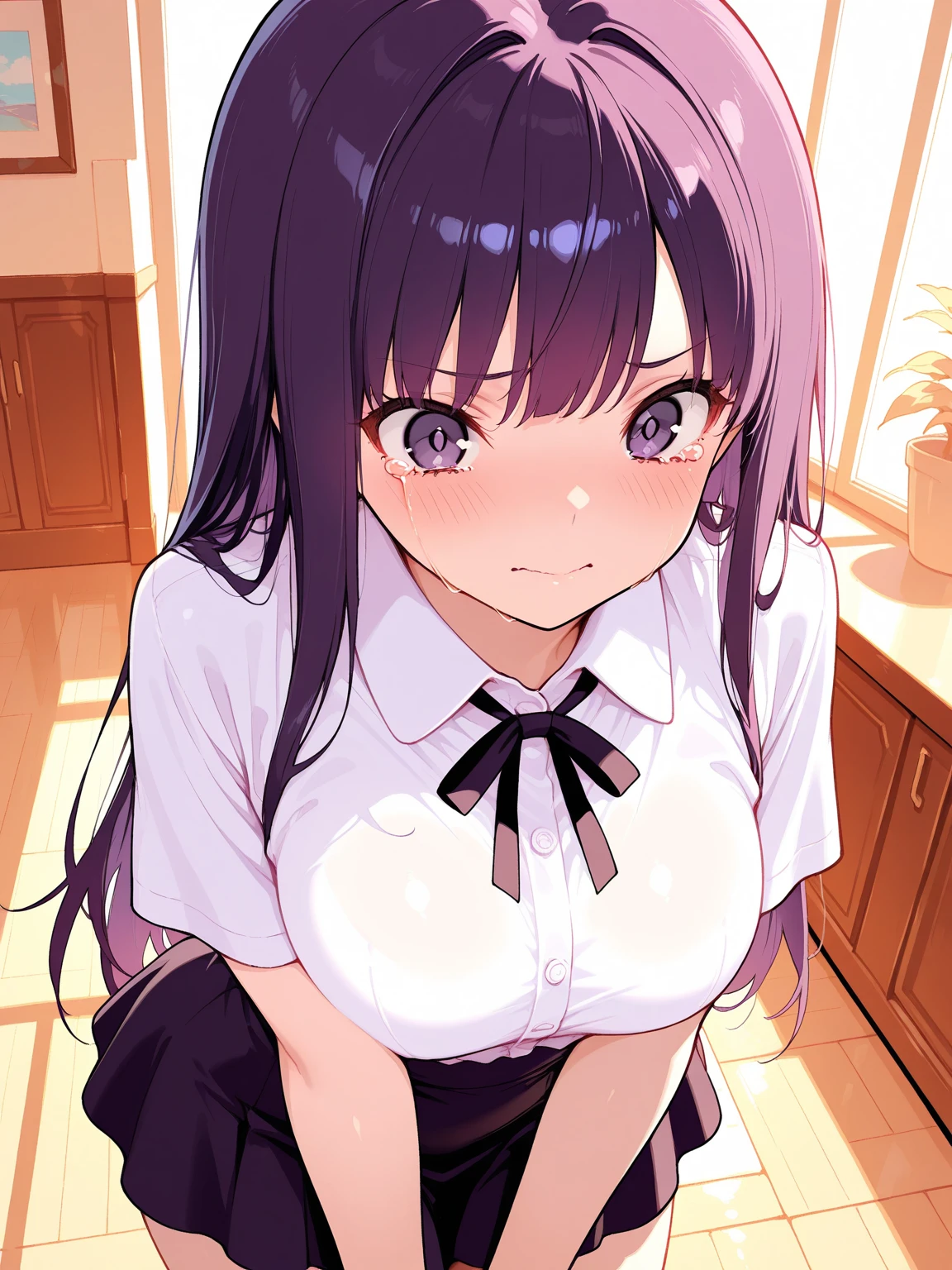 High school girl wearing uniform、white shirt、wearing a red ribbon、Wearing a skirt、big breasts、hair is purple