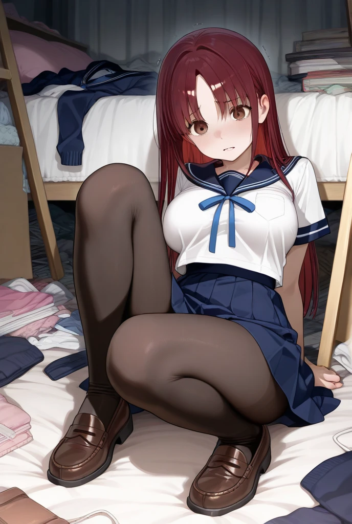 room, 1 Girl, Highest quality, Ultra-high resolution, Long Hair, Redhead, Green Eyes,Looking at the audience, Small breasts , smile, Open your mouth、Cowboy Shot、(Navy blue cuffs and white short-sleeved gym uniform)、(Navy Blue Bloomers)、(
barefoot)、Navy blue socks、(((Sleeping in bed)))