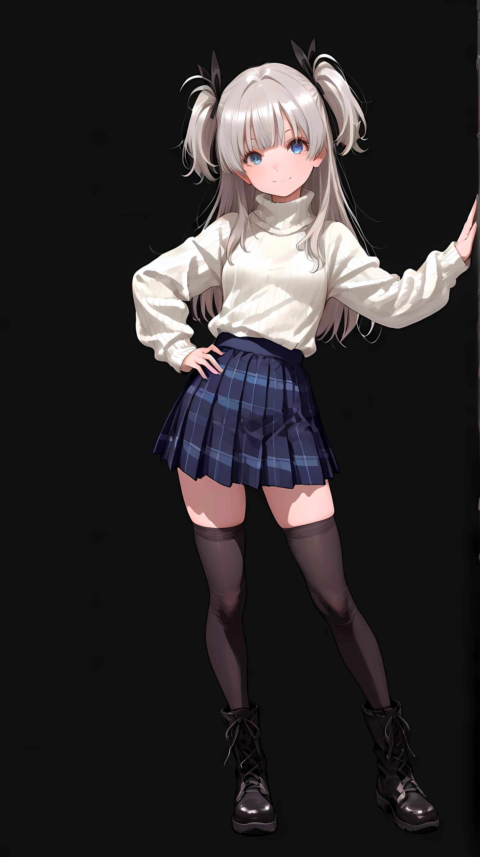 1 girl, full body, looking at viewer, contrapposto pose, hand on hips, one hand on the wall, standing, petite body, slender figure, small breasts, small frame, innocent smile, bright blue eyes, fair smooth skin, rosy cheeks, glossy lips, cute face, big expressive eyes, medium-length silver hair, silky smooth hair, soft front bangs, (twin side up hairstyle:1.3), hair tied up on both sides, loose back hair flowing down, silver hair tie, realistic hairstyle, (white turtleneck sweater:1.5), navy blue plaid pleated skirt, black thighhighs, zettai ryouiki, black knee-high boots, youthful appearance, Kyoto Animation, anime illustration, masterpiece, best quality, ultra high resolution, rich contrast, highly detailed eyes, ultra-detailed illustration, very beautiful and delicate anime face and eyes, realistic texture, RAW photo style, (solid black studio background:1.5), soft lighting, (no background1.3),