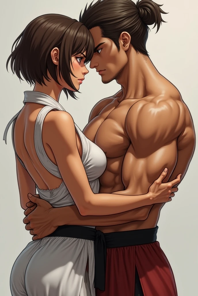 whole body picture of two persons. a male streetfighter is striking a female streetfighter's cheek by hard punch in the backstreet. she is beated down. she is bloody. she has big pain. she is crying and screaming. she is beautiful and young. she is covered in scars and bruises. she is damaged terribry. Short-cut black hair, out of breath, drooling from mouth, one eye is closed, exhausted, drenched in sweat. Erect nipples, open finger glove, Whittled waistline, muscular, six-pack abs, Ragged tanktop and denim shorts.
