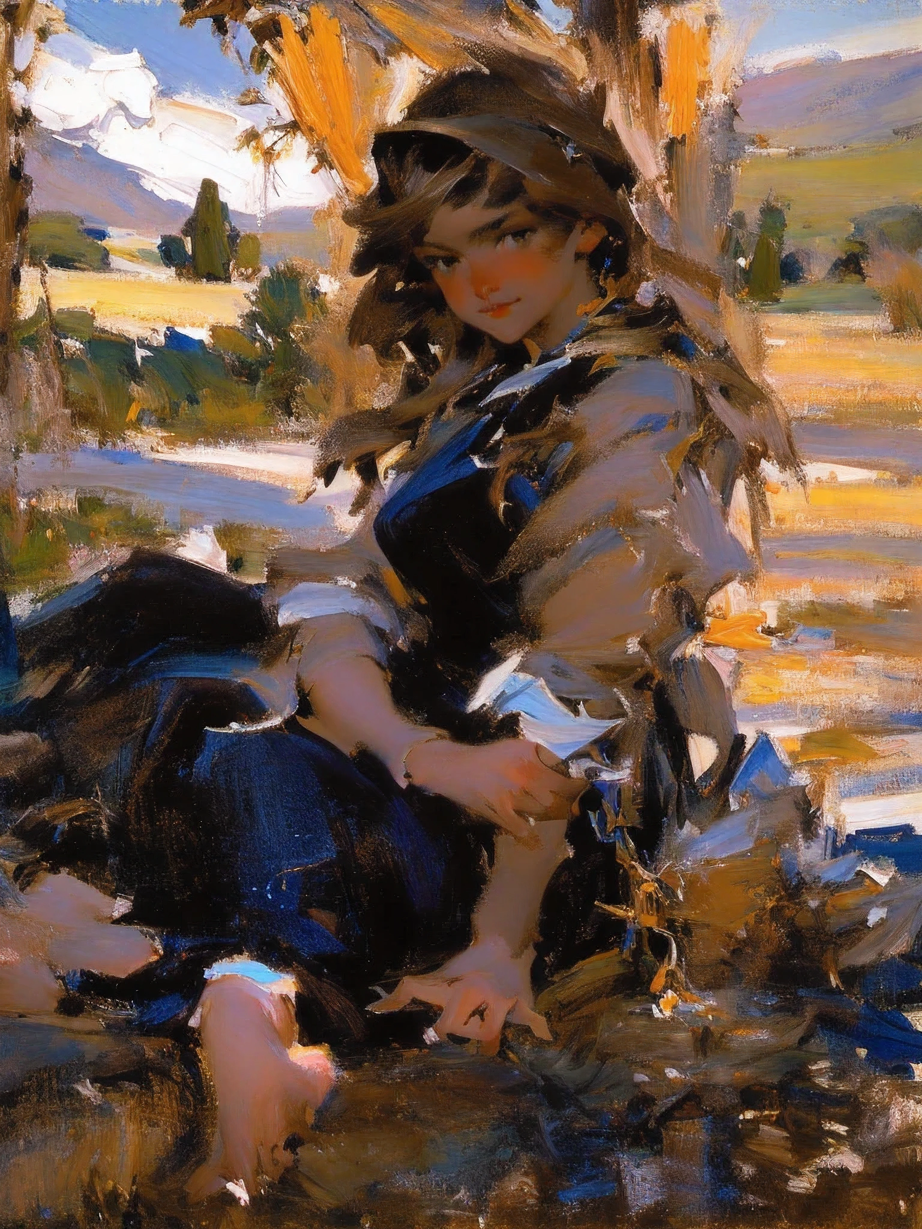 painting of a woman sitting on a rock in a field, john signer sargent, girl of the alps, danile gerhartz, john singer sargent style, dean cornwell style, part dean cornwell style, inspired by Daniel F. Gerhartz, jeremy lipking full length shot, john sargent, inspired by Sargent Johnson, inspired by Michael Malm