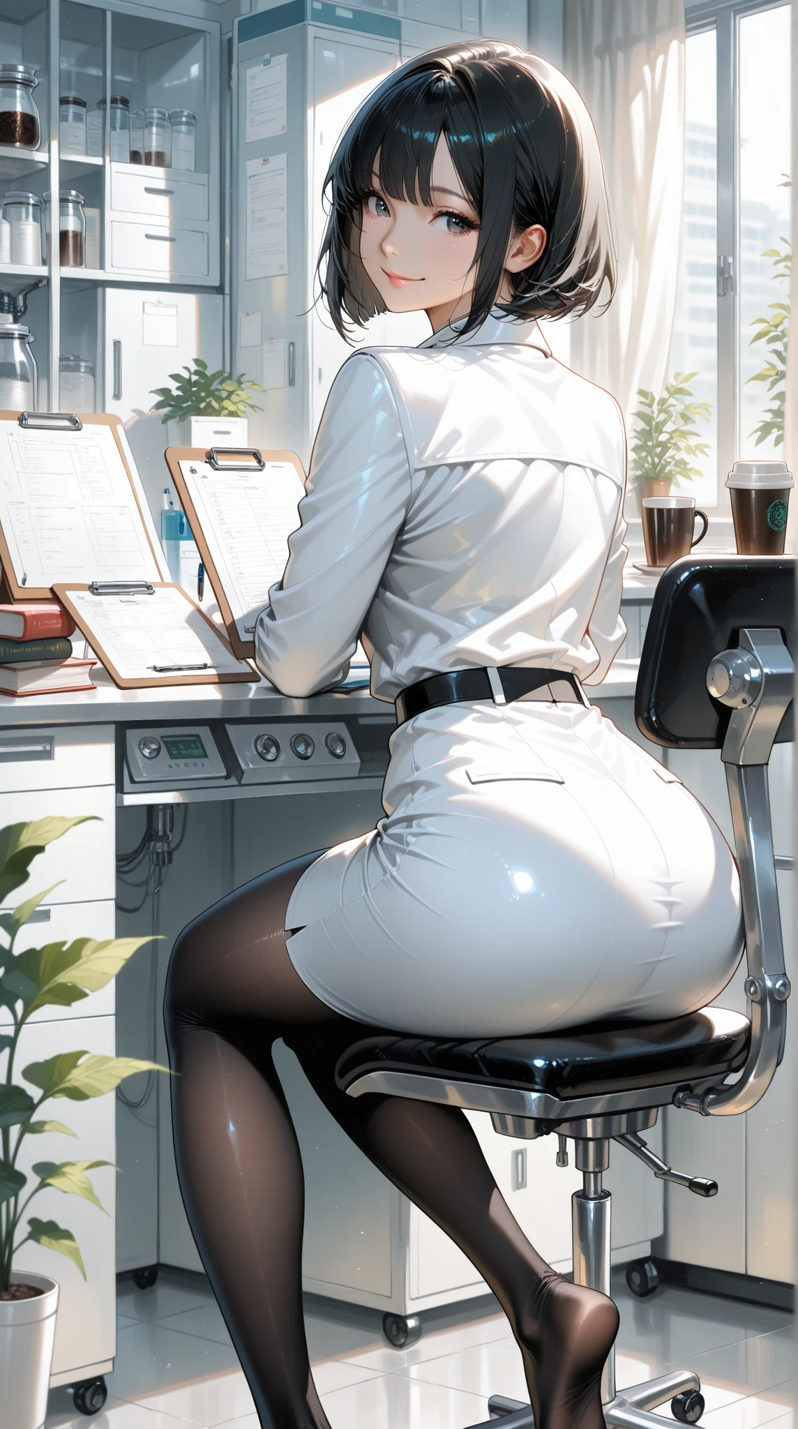 high-definition images, 8k, super detail, accurate, best quality, (focus on the panties), ((straddling to hit her crotch against the machine's pipe about 10 cm in diameter for masturbation, touch her crotch with her hand)), (drooping eyes, realistic skin, eyes with realistic sizing), joying orgasm, blush, smile, dark-brown-iris, thin thighs, eccentric pose, slut, (in the factory, many machines), work clothes, hair up, (sweat), work clothes, spread her legs, open mouth, angle from front or back below, line art