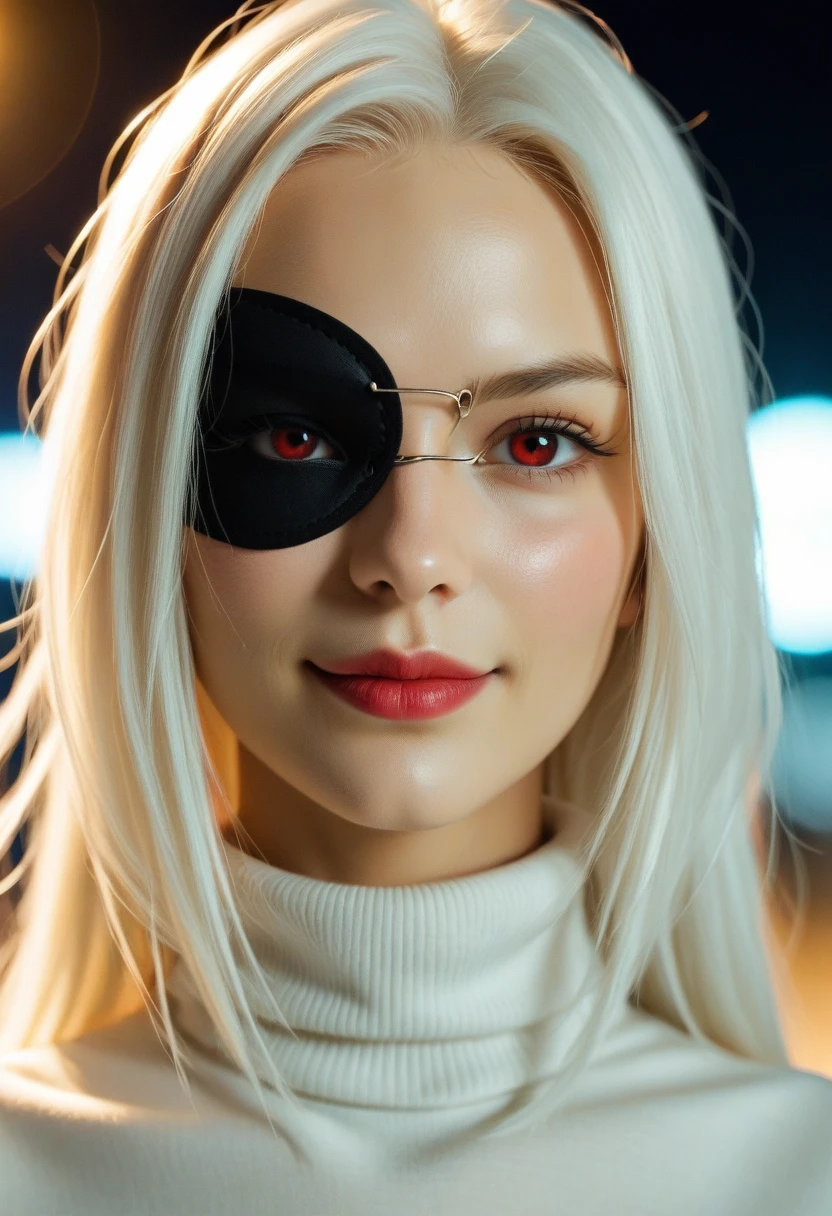 One girl, (alone), Anime girl with long white hair and red eyes, White Hair Girl, girl in white turtleneck, ((Eye patch)), Pointy Ears, ((vampire)), Grin, Conceit, Mouth closed, Cowboy Shot, Perfect white hair girl, White-haired God, Digital Cyberpunk Anime Art, turtleneck, Lens flare, ((Dramatic lighting)), Soft glowing red eyes, Very detailed, masterpiece, View Viewer, Background city, (night)