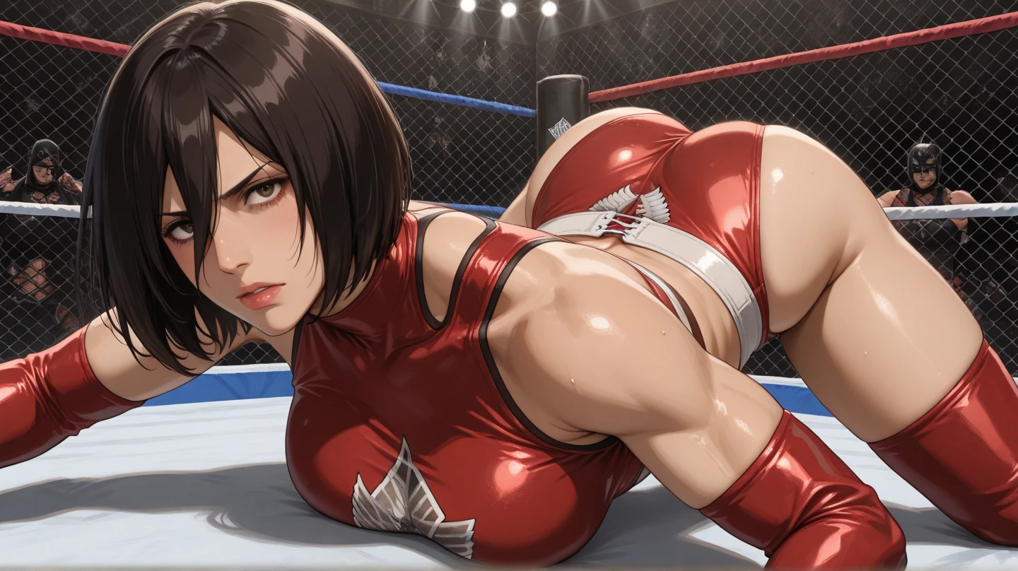 Emphasis on the crotch。Contemptuous eyes and firm expression (Glamorous photo of a dedicated female swimmer,Wearing a red competition swimsuit,Squat with your legs apart), (Strong expression and commitment to excellence:1.2), Inspired by fierce competition,(((milf)))