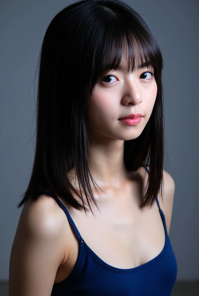 (((smile、Focus on the eyes:1.1、Extremely detailed:1.22、Ultra-high resolution、masterpiece:1.45、Highest quality)))、((((Whole body expression:1.68、camisole、Leaning forward、One person))))、long, straight black hair、So that every single hair is clearly visible、The subtle color changes of hair depending on how the light hits it、 Skin has a natural glow、Fine skin texture、Representing the fine details of pores:1.25、Details of the light redness on the forehead and cheeks、(((Eyes with fine iris details、The eyes depict color gradations and patterns.、Long, natural-looking eyelashes, each and every one visible、Well-groomed eyebrows、眉毛のindivual々The hair is clearly visible、Light reflecting off into the eye、The light in the eyes creates small highlights)))、The nose is delicate、Fine detail on the nostrils、Lips are plump and naturally pink、Depicts the fine lines and soft curves of the lips、lips are shiny and、The gloss on your lips accentuates their shape.、(((Detailed depiction of lip texture、Particular attention to the depiction of light and shadow、Soft natural light gently illuminates the face from the front、A faint glow on the forehead、A slight shine on the nose、A slight glow on the cheeks、Shadows are cast softly along the contours of the face、Accentuate the sides of your cheekbones、Accentuate the sides of the jawline、Emphasize the sides of the nose、The gloss on her lips reflects the light faintly、Lips emphasize the plump texture、The shadow of the hair gives depth and dimension、indivual々The hair shines in the light、