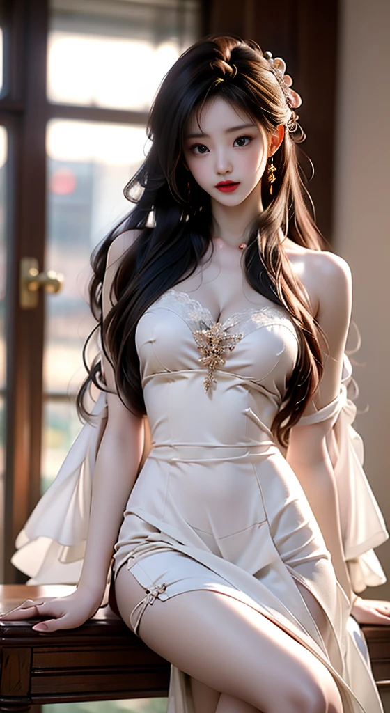 Gorgeous woman, dark fantasy, fancy dress, long black hair, beauty marks, bright eyes, collarbone, glamour, queen, dark background, bokeh, glamour, ((masterpiece, highest quality)), illustration, 8k highly detailed, realistic and vivid Focus, Dynamic cowboyshot angle, highly detailed ham, professional lighting, colorful details, intricate details, attractive girl. Open mouth to show upper teeth, bright big smile, various and bold AV model poses sitting on a table, various and bold poses with mouth open and changing posture, gaze toward camera, realistic appearance, high resolution, soft lighting, 1 woman , solo, hip-up, glowing skin, (face details), jewelry, beautiful necklace, nice bracelet, very beautiful body, belly button, very transparent thin white silk corset, very transparent thin white short silk dress, take off clothes, wavy hair, Miss Universe crown, No bad fingers or body shape.