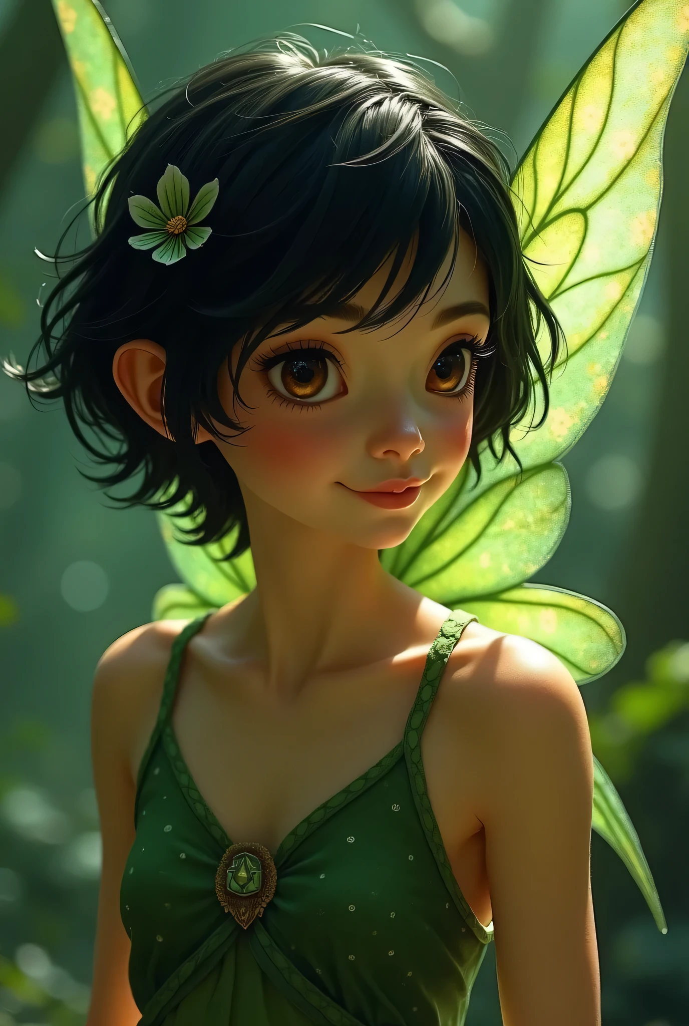 pretty girl,short hair,Delicate face,Half Body,Pure eyes,Butterfly,Long eyelashes,Green clothes model:Sweet Girl 4