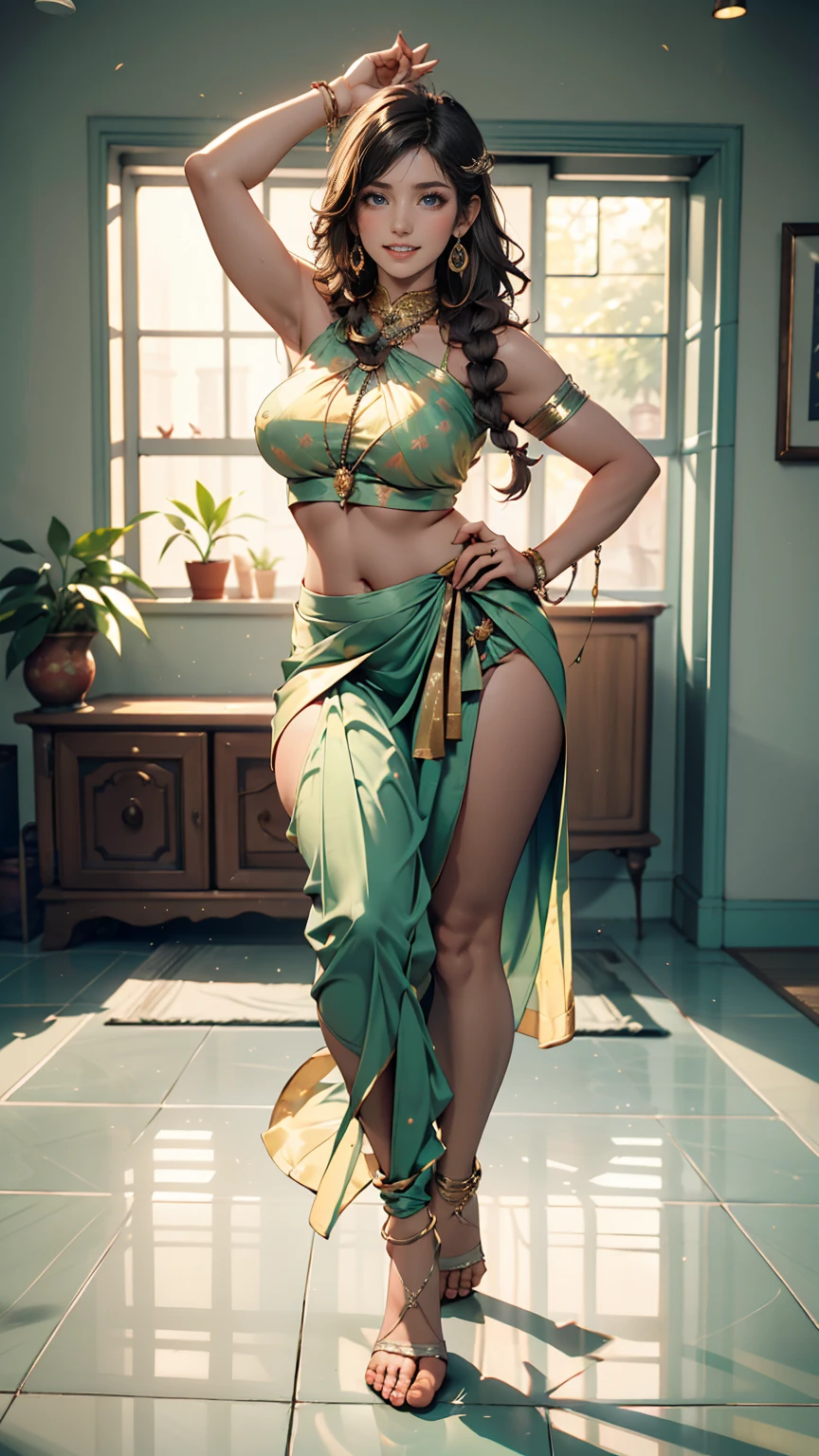 Erotica full body photo of: Perfect eyes and faces, the dark goddes princess, thick body, tiny sagging breasts, wearing green kebaya dress with corset and silk rope, belt make from gold, cleavage, big earing, big necklaces, big diamond rings, lots of bracelet, a wind blowing robe, at the dark room of dracula palace, dark ambient low light, culthu fog effect, arrogant face, full body photo, dynamic angle, greasy skin, armpit, 4k, 8k