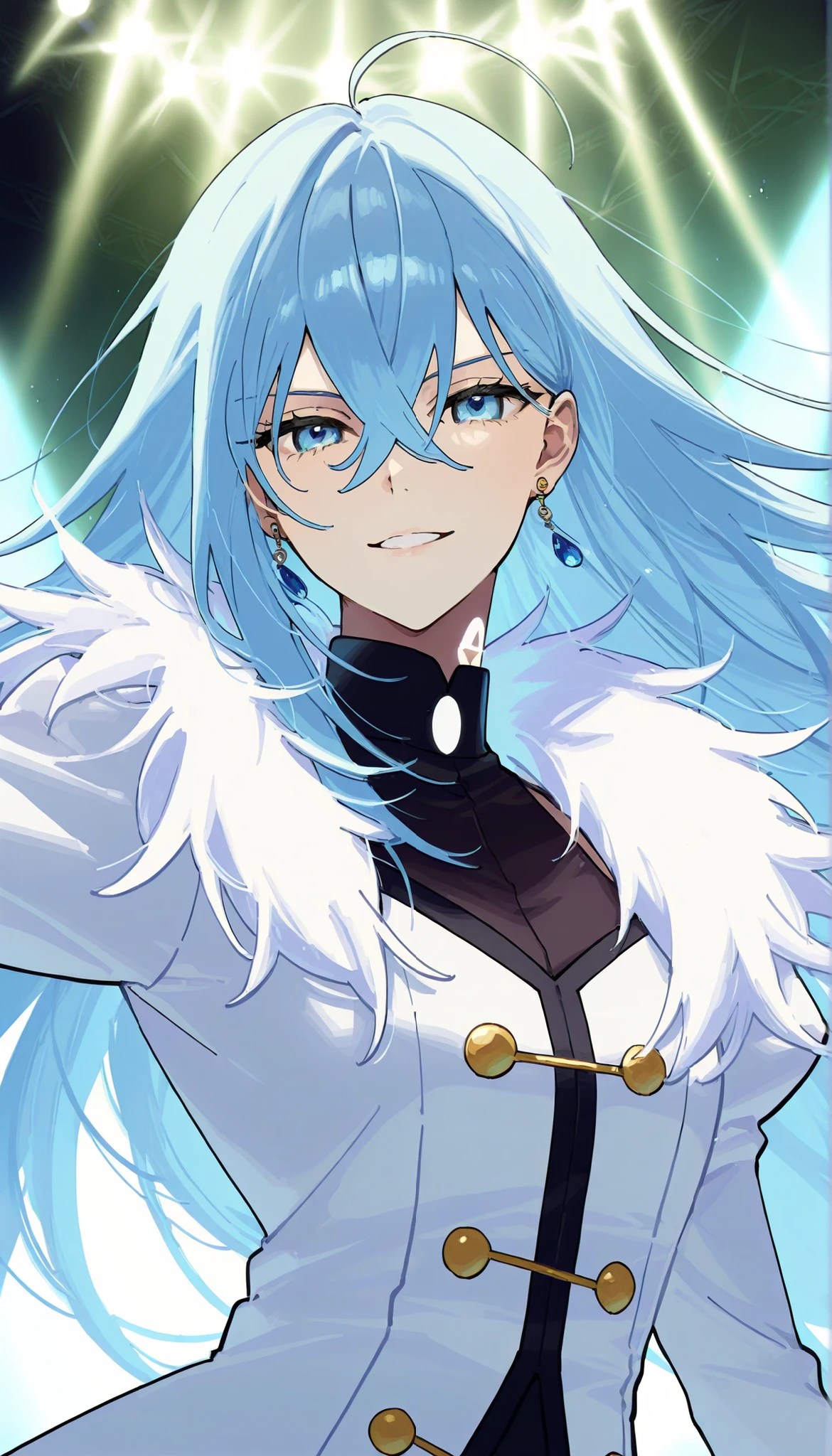 score_9,score_8_up,score_7_up,1girl,solo,vivydiva,serene expression,portrait,white symbol on neck,jewelry,earrings,dynamic angle, idol pose, gentle smile, vivy fluorite eye's song, light blue hair, stage background with light mist and stage lights, cowboy shot, delicate details