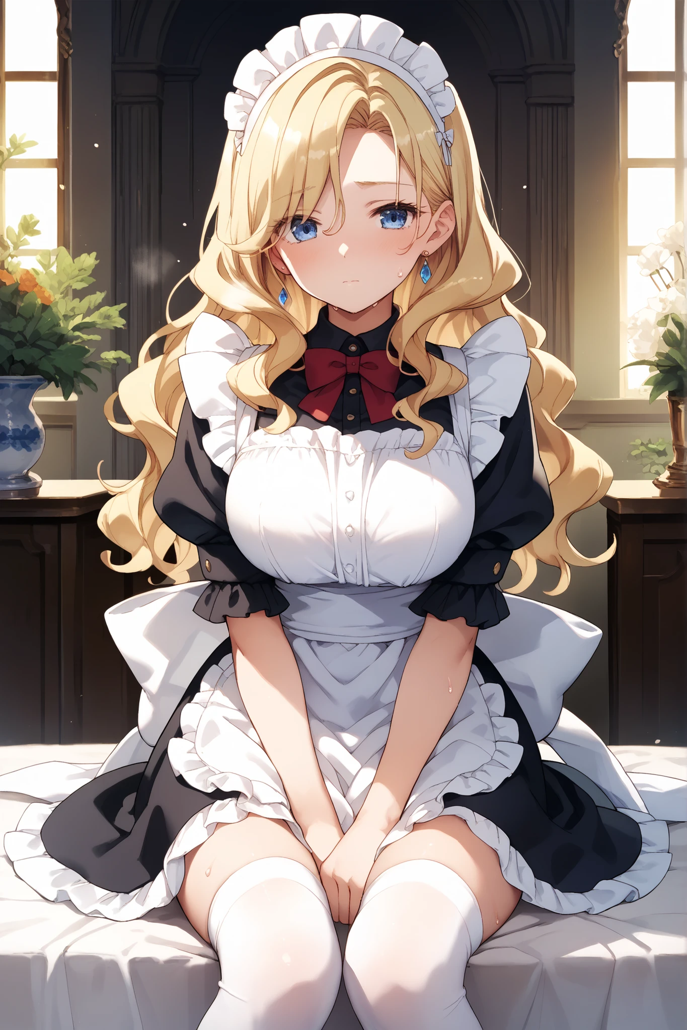 cel anime, milf, maid, maid headdress, apron, white silk thigh-high socks, blonde hair, wavy hair, blue eyes, glassy eyes, big breasts, v arms, ecstasy, in heat, (blush), sweat, palace