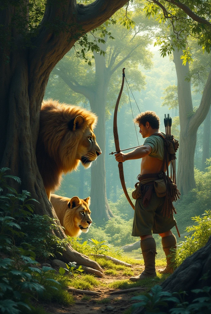 Handsome guy , Korean. He has very dark skin., yellow hair knee length with side bangs. He has faun ears., in the ears gold earrings rings. On the head are deer antlers. He has a bare torso and furry brown pants and shoes in the shape of hooves.. He has a red heart pendant.. He squats in a thicket of ferns and shoots an arrow from a bow.. He smiles beautifully. A kind jaguar next to him.