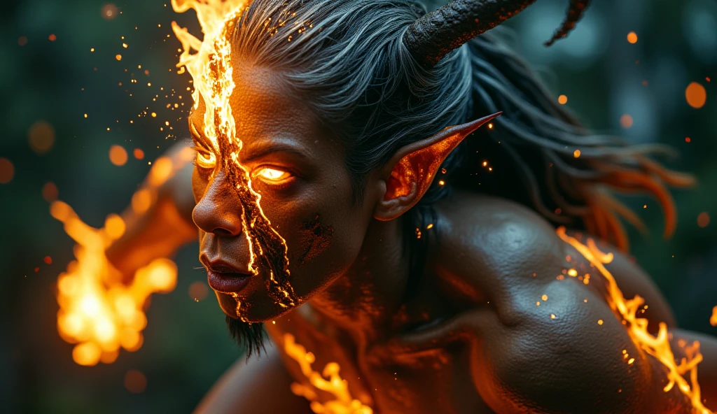 Curupira With Japanese features, fire face paint, fiery hair and burning eyes. maculino