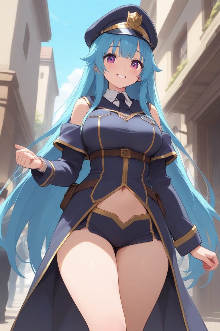 (ultra 8k cg, picture-perfect face, perfect face, beautiful face, masterpiece, high quality, best quality, flawless, clean, professional artwork, famous artwork), BREAK 1girl, lh1, hair ornamnet, long hair, pink eyes, shiny skin, (underboob:1.3), navel, midriff, hands on hip, (magical girl uniform:1.2), black clothes, transparent skirt, latex, corruption, epaulettes, (evil smile:1.2), extremely thick lips, extremely long eyelashes, (huge breasts), (chubby, plump, big belly:1.2), (from below:1.3) destroyed buildings, ruined cite, night sky, dust