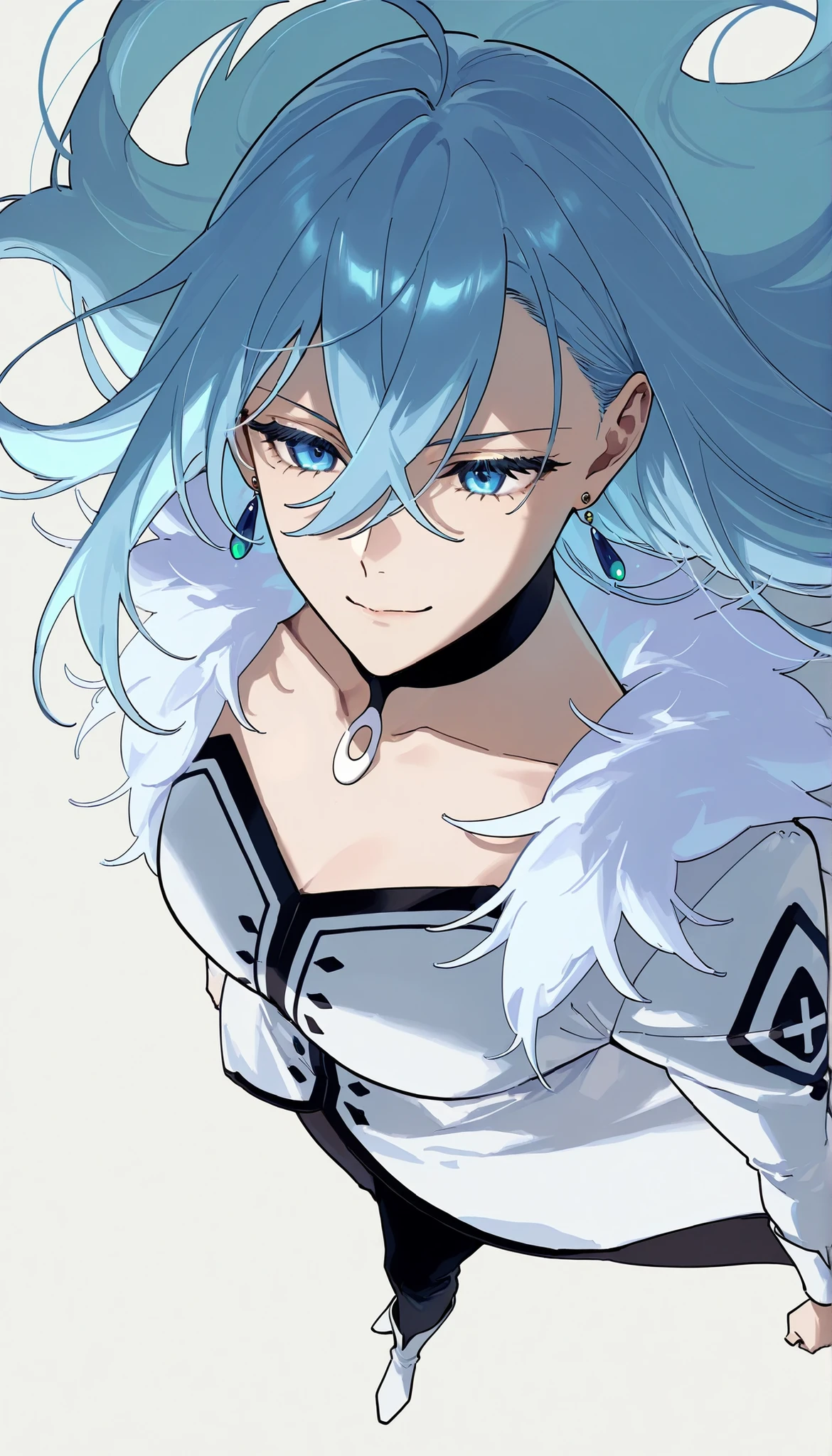 score_9,score_8_up,score_7_up,1girl,solo,vivydiva,serene expression,portrait,white symbol on neck,jewelry,earrings,dynamic angle, standing pose, gentle smile, vivy fluorite eye's song, light blue hair, dim background, delicate details, full body portrait