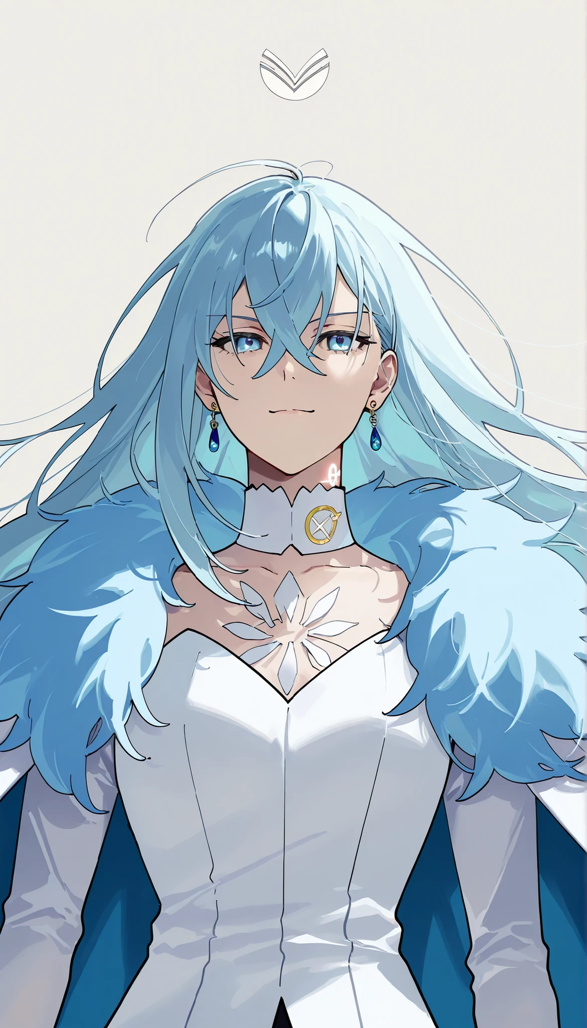 score_9,score_8_up,score_7_up,1girl,solo,vivydiva,serene expression,portrait,white symbol on neck,jewelry,earrings,dynamic angle, standing pose, gentle smile, vivy fluorite eye's song, light blue hair, dim background, delicate details, full body portrait